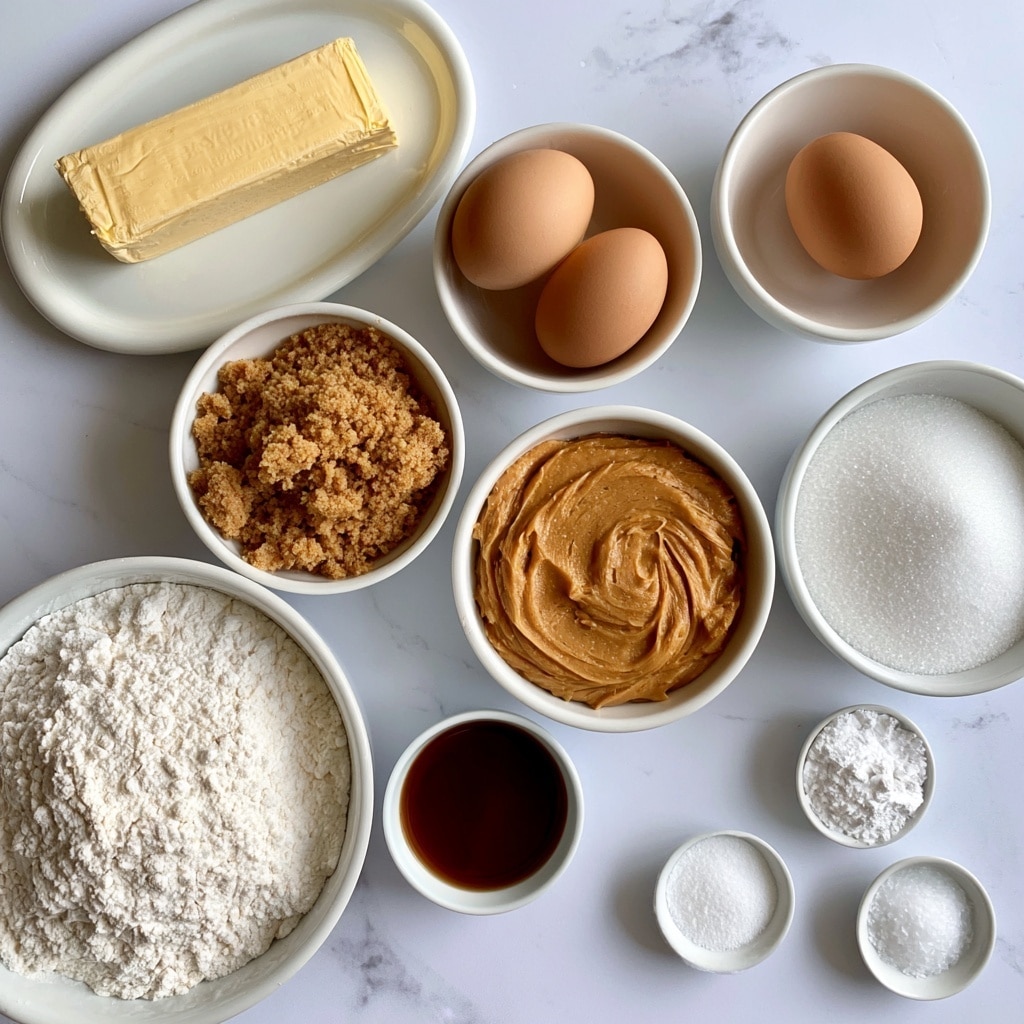 The image shows several white bowls and plates arranged on a white marbled surface, each holding a different baking ingredient. In the top left, there is a white oval plate with a stick of salted butter wrapped in yellow paper. To the right, a small white bowl holds two light brown eggs. Below the butter, a white bowl contains light brown, crumbly brown sugar. To the right of the brown sugar, a slightly larger white bowl is filled with smooth, light brown peanut butter with visible swirls. Adjacent to the peanut butter is another white bowl containing white granulated sugar. In the bottom left corner, a white bowl holds a large pile of white flour. Near the bottom right, smaller white bowls hold white baking powder, baking soda, and salt with the salt shown twice. There is also a small bowl with a dark brown liquid labeled vanilla extract near the peanut butter. All the bowls and plates create a neat and clear display of ingredients. Photo taken with an iphone --ar 4:5 --v 7