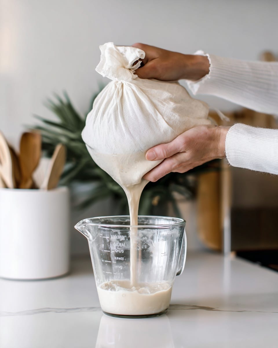 A close-up image showing a pair of hands squeezing a white cloth bag filled with a beige thick liquid above a clear glass measuring cup. The creamy liquid slowly drips through the cloth into the measuring cup below, which is placed on a white marbled kitchen counter. In the background, out of focus, there is a white container holding some kitchen tools and a green plant. The hands wear a long-sleeve white top. photo taken with an iphone --ar 4:5 --v 7