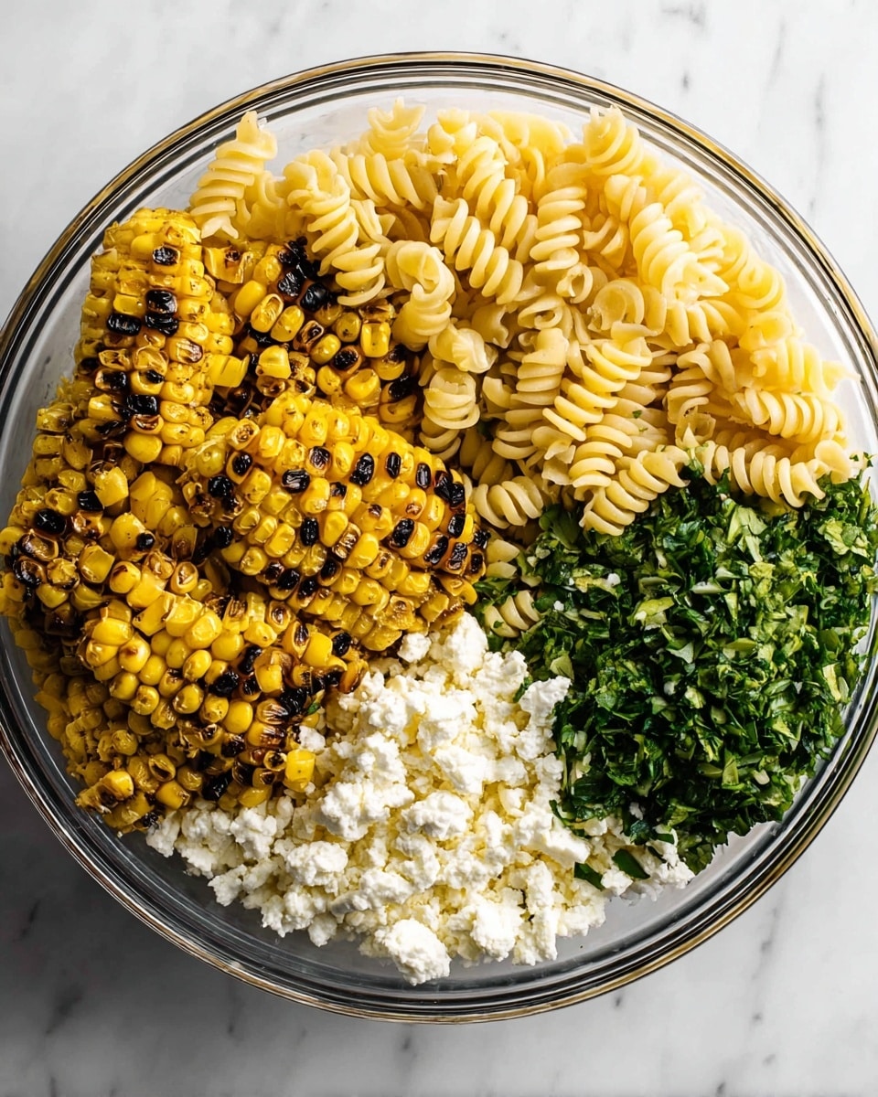 A clear glass bowl sits on a white marbled surface, filled with four main layers placed side by side in a circular shape. The largest section on the left is grilled yellow corn with dark brown char marks, giving it a slightly rough texture. To the right of the corn, in the top section, is a heap of light yellow spiral pasta with a smooth, slightly glossy surface. Below the pasta, there is a pile of finely chopped green herbs with a fresh, leafy texture. Next to the herbs, at the bottom right, is a layer of white crumbled cheese, soft and slightly fluffy in texture. Photo taken with an iphone --ar 4:5 --v 7