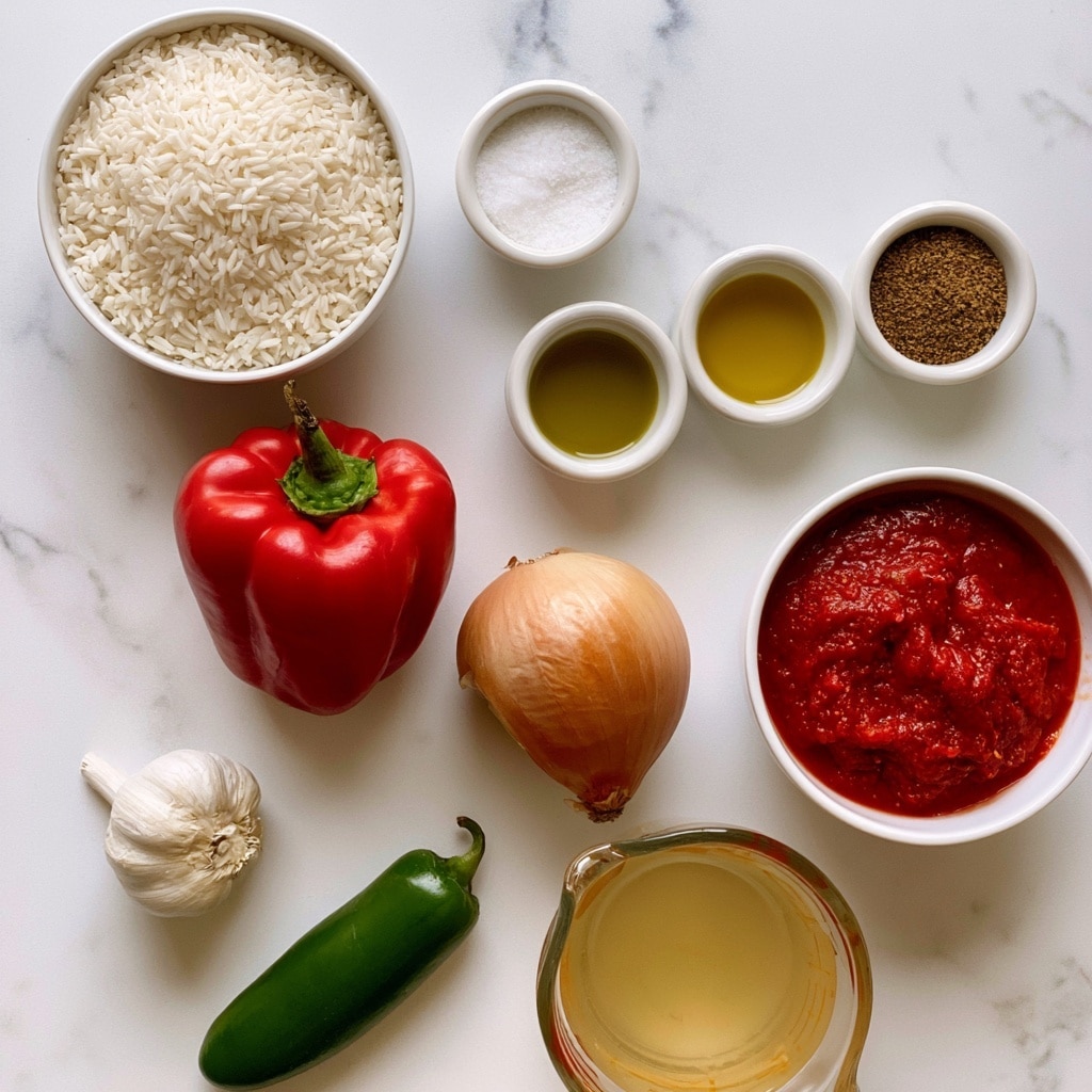 The image shows various cooking ingredients arranged neatly on a white marbled surface. Starting from the top left, there is a round white bowl filled with white rice, next to it on the right is a small white bowl with coarse salt. Below the rice is a whole red bell pepper with a green stem. Slightly to the right, there is a small white bowl containing olive oil and next to it on the right are two small white bowls; one has ground cumin, and the other is not fully visible. Below these, there is a whole onion with light brown skin. On the bottom right, a white bowl holds rich red tomato sauce. On the lower left side, there is a whole garlic bulb, and below it is a whole green jalapeno pepper. At the very bottom right, a glass measuring cup contains vegetable broth, showing a light yellow liquid. All items are spaced apart, allowing a clear view of each ingredient. Photo taken with an iphone --ar 4:5 --v 7