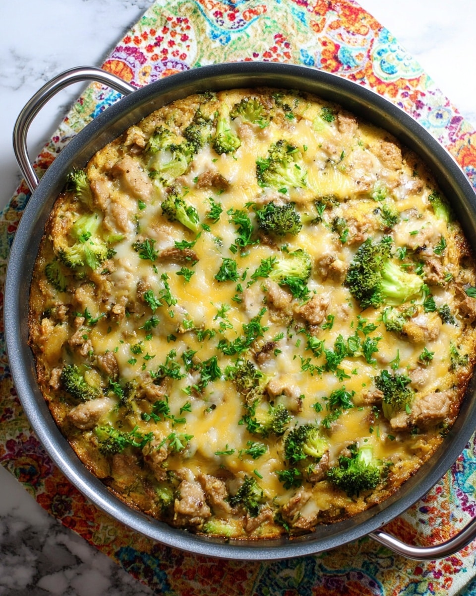The dish is served in a round, dark cooking pan with silver handles visible on both sides. The food inside looks like a baked mix with one layer containing small pieces of light brown meat and green broccoli florets scattered throughout. The top layer is creamy yellow with a slightly melted texture and is sprinkled with chopped fresh green herbs. The pan sits on a cloth with colorful floral patterns, and the background is a white marbled surface. photo taken with an iphone --ar 4:5 --v 7