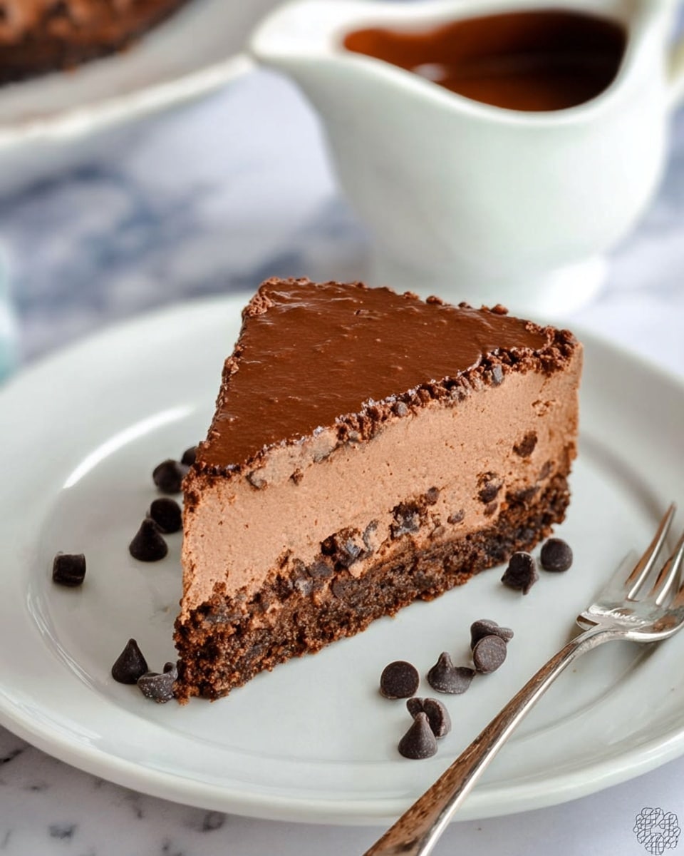 A slice of chocolate mousse cake is shown on a white plate resting on a white marbled surface. The cake has two layers: the bottom layer is dark brown and dense like a brownie, while the top layer is lighter brown with a soft, airy mousse texture that contains small chocolate chips. Thick, glossy dark chocolate sauce is drizzled over the mousse layer and flows onto the plate, creating pools of sauce. Additional small chocolate chips are scattered on top of the cake and around the plate. In the background, there is a blurry view of another plate with more cake slices, highlighting the slice in the foreground. photo taken with an iphone --ar 4:5 --v 7