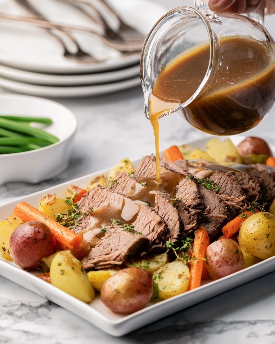 A white rectangular plate holds a layered dish starting with a bed of mixed vegetables including orange carrot slices, yellow celery sticks, and halved small red potatoes with a textured, soft look. On top, thin slices of brown roast beef are arranged in a fanned-out pattern showing their grain and moist texture. A rich brown gravy is being poured over the meat from a clear glass pitcher, adding shine and moisture. The plate is garnished with a few sprigs of green herbs scattered on the vegetables. The scene is set on a white marbled surface with a stack of white plates and silver forks in the background and a white bowl of green beans to the side. A woman's hand holds the pitcher, pouring the gravy carefully over the dish. Photo taken with an iphone --ar 4:5 --v 7