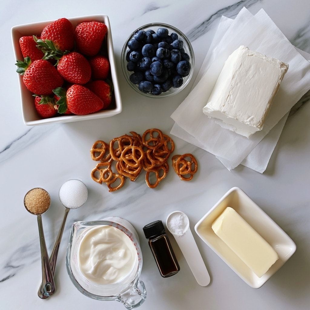 The image shows a flat lay of ingredients arranged on a white marbled surface. At the top left is a white square bowl filled with fresh red strawberries with green leaves. Next to it is a small glass bowl full of dark blue blueberries. To the right of the bowls is a block of white cream cheese resting on white parchment paper. Below these ingredients are a small pile of golden brown pretzels scattered loosely. Towards the bottom left, two metal measuring spoons hold light brown sugar and white sugar. Next to them is a clear glass measuring cup with white whipping cream. Nearby is a small bottle of dark vanilla extract, a white measuring spoon with salt, and a white rectangular dish holding a stick of pale yellow butter. All items are neatly spaced on the white marbled background. Photo taken with an iphone --ar 4:5 --v 7