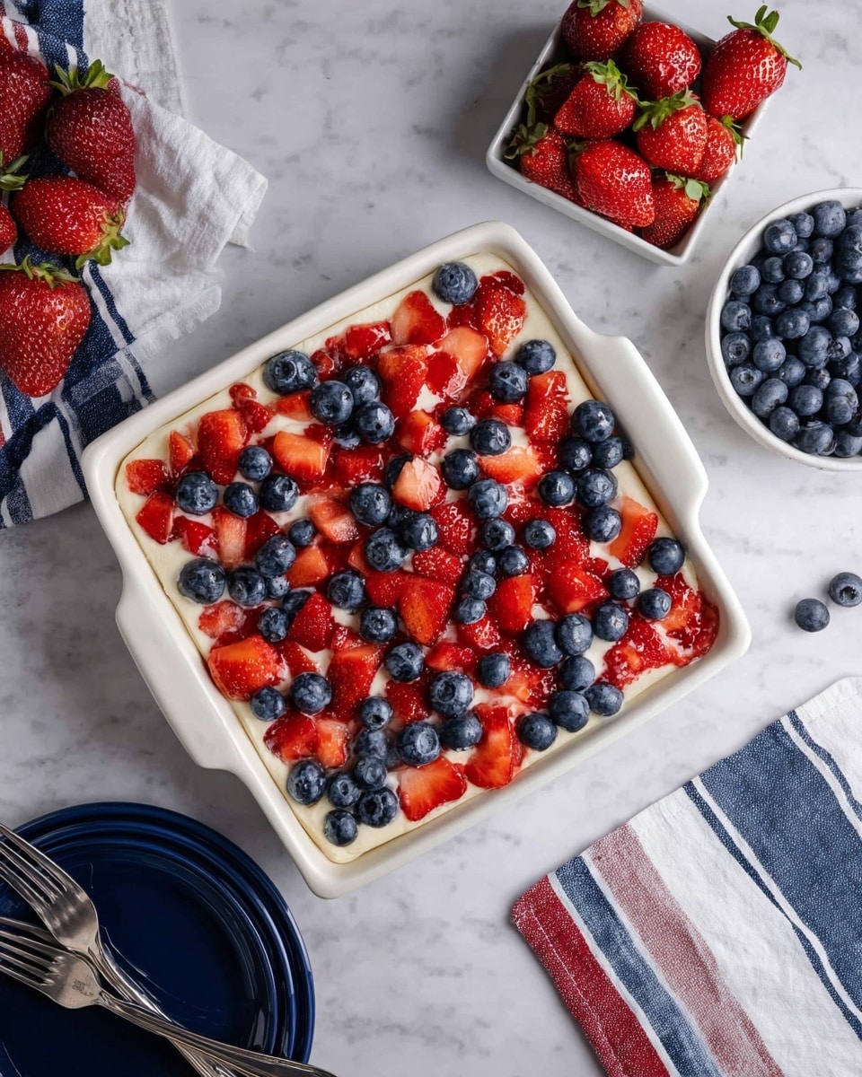 A square white ceramic dish contains a dessert with two visible layers: a creamy off-white base topped with a mix of fresh red strawberry pieces and whole plump blueberries, evenly scattered over the surface. Around the dish on a white marbled surface are a small white bowl filled with blueberries on the top right, a white square bowl filled with whole strawberries on the top left, and three whole strawberries placed near the top center. A striped cloth with red, blue, and white stripes is partly visible along the bottom left edge, and a dark blue plate with three silver forks rests on the bottom right corner. Photo taken with an iphone --ar 4:5 --v 7