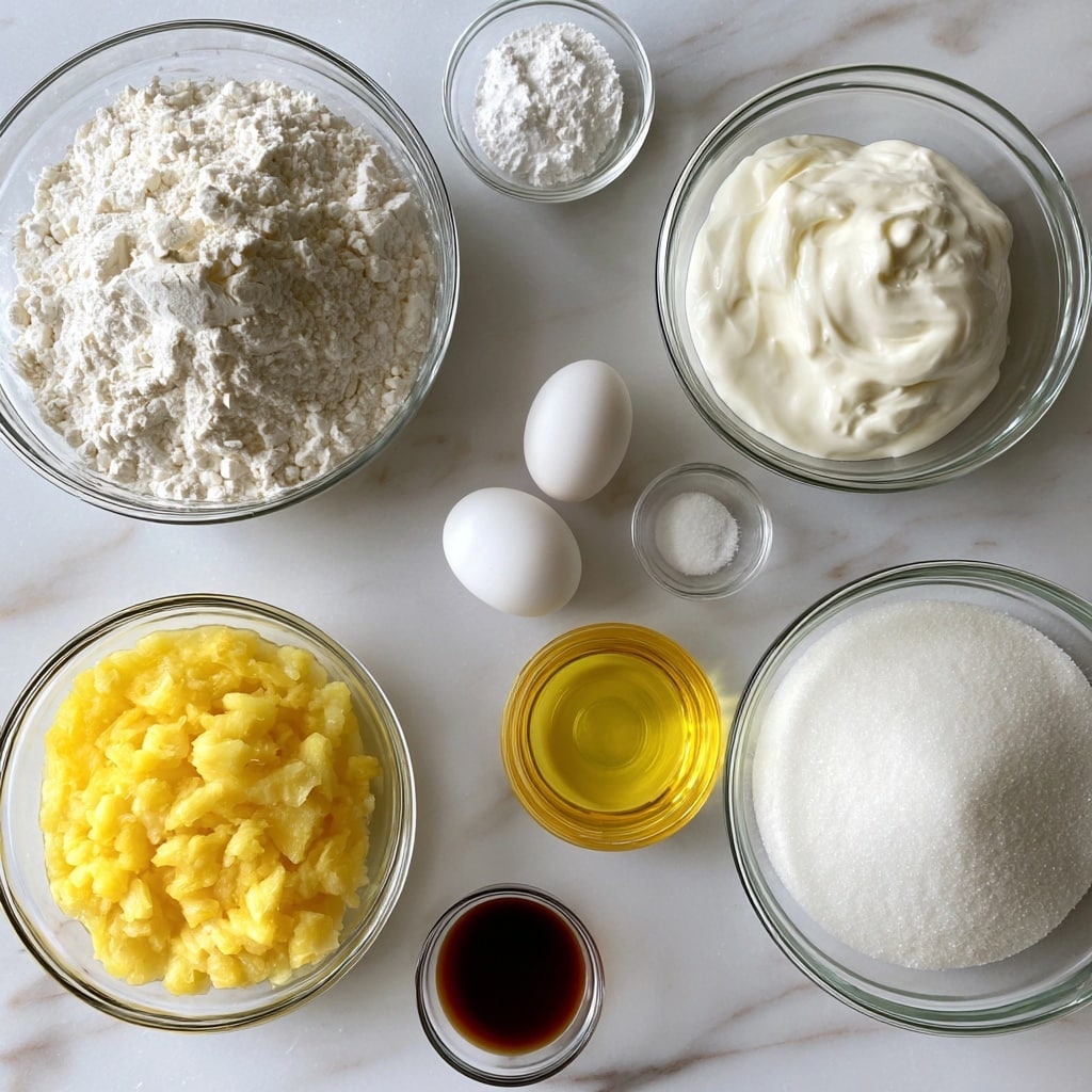 The image shows clear glass bowls and dishes arranged on a white marbled surface, each filled with different ingredients for pineapple bread. There is a large bowl of white all-purpose flour in the upper left, a small bowl with white baking powder above the center, and a medium bowl of smooth white sour cream in the upper right. Two white eggs are placed near the center, and a small dish of white salt is beside them. A medium bowl of bright yellow crushed pineapple is at the bottom left, next to a small bowl with golden yellow pineapple juice. At the center bottom, a small dish with dark brown vanilla extract, and next to it, a medium bowl filled with golden yellow canola oil. Finally, on the bottom right, a large bowl of white granulated sugar. All bowls are transparent and placed neatly on the surface. photo taken with an iphone --ar 4:5 --v 7