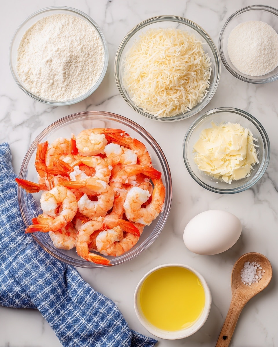The image shows various ingredients placed on a white marbled surface; in the center is a clear glass bowl filled with bright pink cooked shrimp with orange tails. Above the shrimp bowl, there are two clear glass bowls side by side, the left one filled with light beige shredded coconut, and the right one filled with pale yellow panko breadcrumbs. To the left below the coconut bowl is a smaller clear glass bowl with white flour, and above it, a small glass bowl filled with white milk. Below the shrimp bowl is a white egg, and to the right of the egg is a white bowl with yellow melted butter. Next to the butter bowl is a wooden spoon filled with coarse salt. A blue and white checkered cloth is partially visible in the bottom left corner. Each ingredient is labeled with white tags and black text. Photo taken with an iphone --ar 4:5 --v 7