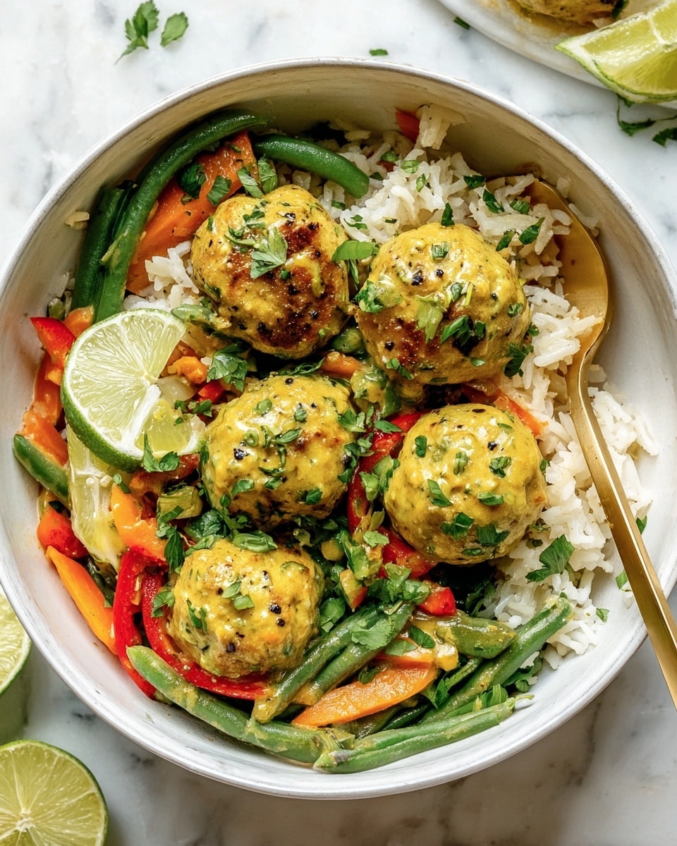 The dish shows a white bowl filled with a base layer of white rice mixed with green beans, thin red pepper strips, and sliced orange carrots. On top are five yellowish-green sauce-coated meatballs, sprinkled with chopped green herbs and black pepper. Near the edge of the bowl, there is a slice of lime adding a fresh touch. A golden spoon rests inside the bowl, partially buried in the rice and vegetables. The bowl is set on a white marbled surface, giving a clean and fresh look. Photo taken with an iphone --ar 4:5 --v 7
