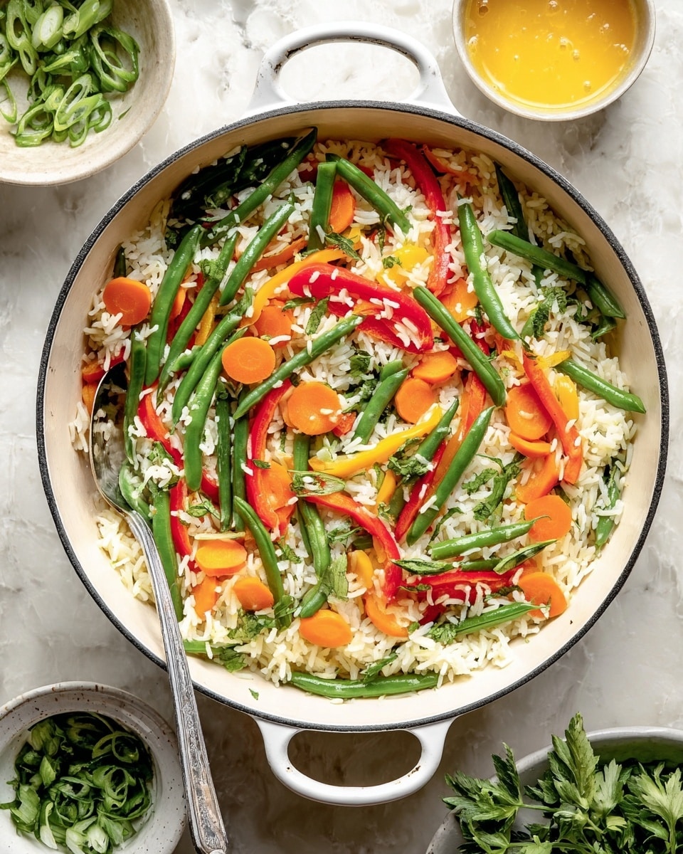 A white pot is filled with a colorful mix of cooked white rice, green beans, thin orange carrot slices, and red bell pepper strips layered evenly. The green beans are bright and firm, scattered throughout the fluffy rice. The orange carrot slices are round and spread across the dish, adding a pop of warm color. The red bell pepper strips are thin and curved, layered on top and mixed through the other ingredients. A silver spoon rests inside the pot on the left side. Around the pot, small bowls hold fresh green onion slices, chopped herbs, and a yellow sauce, all set on a white marbled surface. photo taken with an iphone --ar 4:5 --v 7