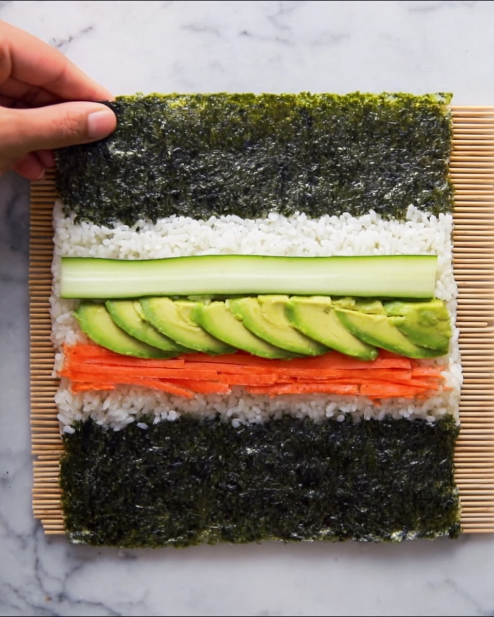 A square sheet of dark green seaweed lays flat on a white marbled surface, with a thin layer of white rice spread near the bottom half, leaving the top half uncovered. On top of the rice, from bottom to top, there are soft, light green avocado slices placed in a row, followed by a thin white strip of cucumber, and then bright orange crab stick strips arranged in a line. A woman's hand is gently holding the left edge of the seaweed sheet, ready to roll. The texture of the rice is soft and slightly sticky, while the seaweed is smooth and shiny. photo taken with an iphone --ar 4:5 --v 7