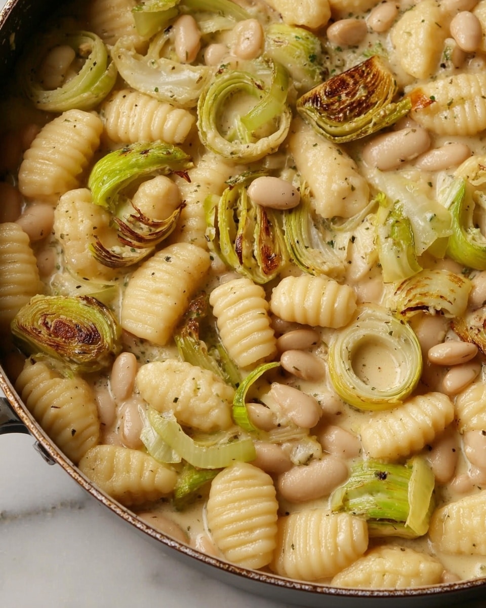 The image shows a close-up of a pan filled with cooked gnocchi pasta, which is cream-colored with a ridged texture, mixed with white beans that are smooth and small. There are also round and ring-shaped pieces of leeks, lightly browned and charred in some areas, adding a mix of green and darker brown colors. The contents are in a light beige, slightly creamy sauce, covering the pasta, beans, and leeks evenly. The pan's edge is visible near the bottom of the image, and the background is a white marbled texture. photo taken with an iphone --ar 4:5 --v 7