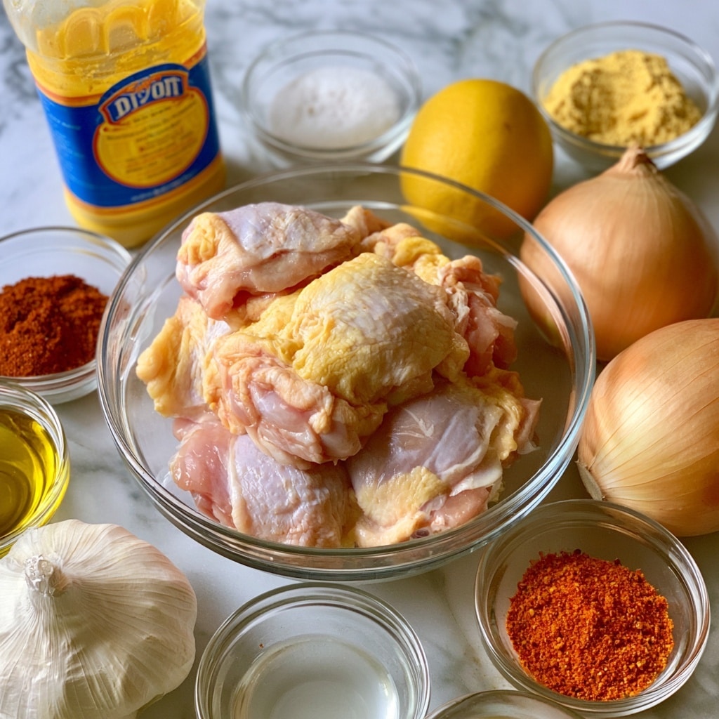 The image shows a clear glass bowl in the center with raw chicken thighs, pale pink with light yellow skin, layered on top of each other. Around the bowl, various small clear glass bowls hold spices and liquids: one with reddish-brown smoked paprika, another with white salt, a third with orange cayenne pepper, and one with yellowish bouillon powder. A whole yellow lemon and two whole light brown onions sit near the chicken bowl. A large plastic bottle of Dijon mustard with a yellow and blue label is placed in the upper left corner. A large white garlic bulb is in the lower left, with smaller bowls of clear chicken stock and golden olive oil nearby. The background is a dark wooden surface changed to a white marbled texture. photo taken with an iphone --ar 4:5 --v 7