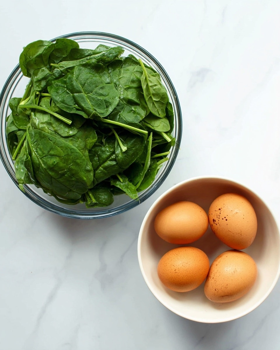 Two bowls sit on a white marbled surface. The bowl on the left is clear glass and filled with fresh, green spinach leaves showing their veins and stems, some leaves slightly curled. The bowl on the right is plain white and contains four smooth, brown eggs, each egg having a natural shine and small spots. Photo taken with an iphone --ar 4:5 --v 7