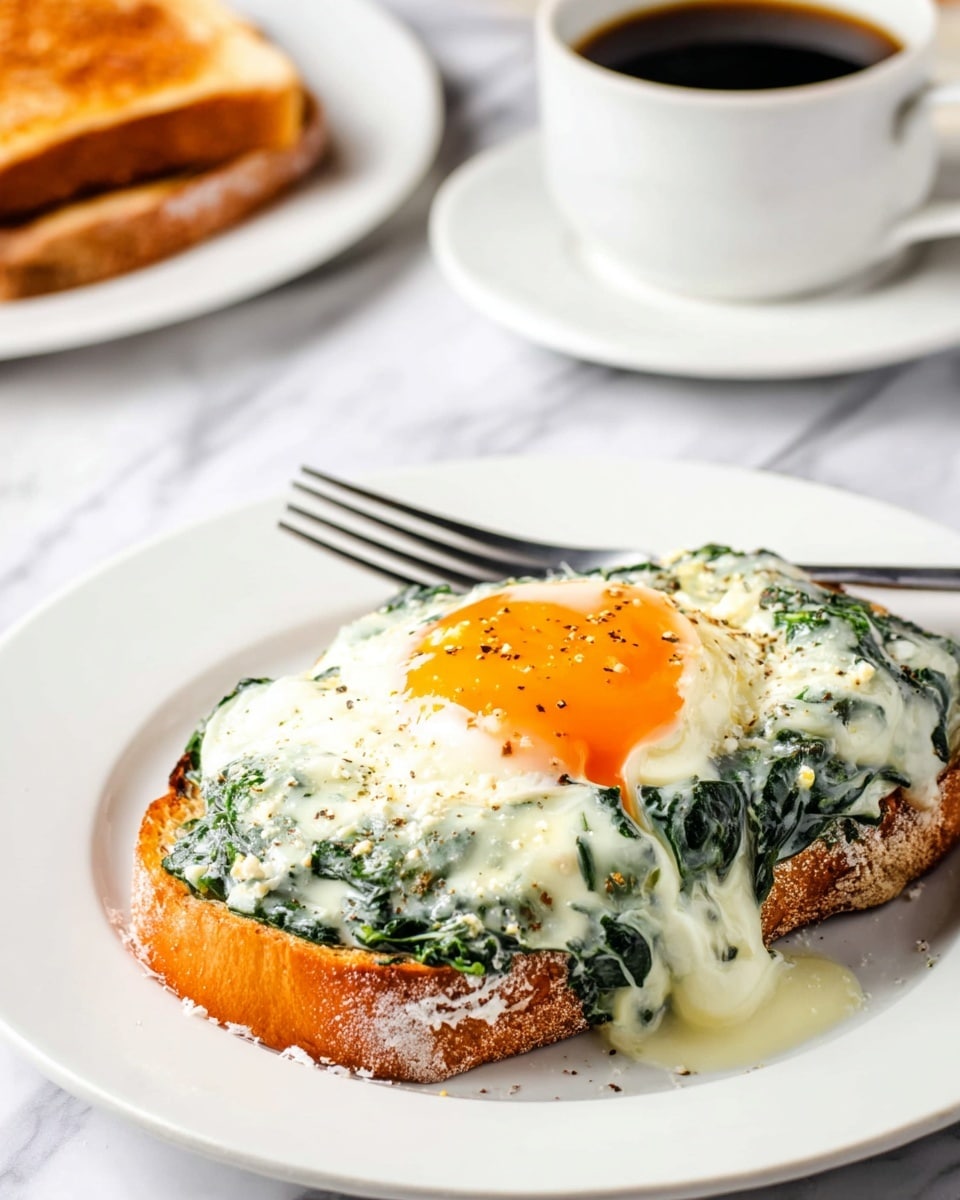 A white plate holds a piece of toasted bread as the base layer, golden-brown and crispy on the edges. On top of the bread is a creamy layer of cooked spinach mixed with a white sauce, covering most of the bread's surface with a slightly textured, leafy green and creamy look. A fried egg with a bright orange yolk and white edges crowns the dish, the yolk slightly broken and flowing down one side of the toast. In the background, there is a white cup and saucer filled with dark coffee and another white plate with a thick slice of toasted bread. The whole scene is set on a white marbled surface with a fork placed near the plate. photo taken with an iphone --ar 4:5 --v 7