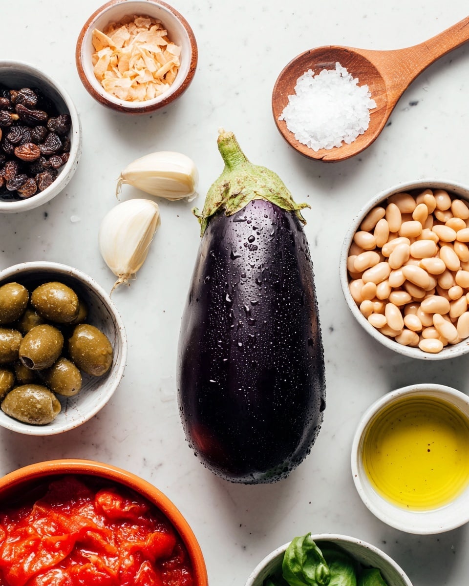 A shiny dark purple eggplant with water drops lies in the center on a white marbled surface. Around it are small white bowls holding different ingredients: peeled garlic cloves, light beans, olive oil, capers, and raisins. There is also a wooden spoon with coarse salt and a bowl with fresh green basil leaves. At the bottom left corner, a bowl of red tomatoes is visible. The scene is bright and clean with a variety of colors and textures, arranged in a neat, flat layout. photo taken with an iphone --ar 4:5 --v 7