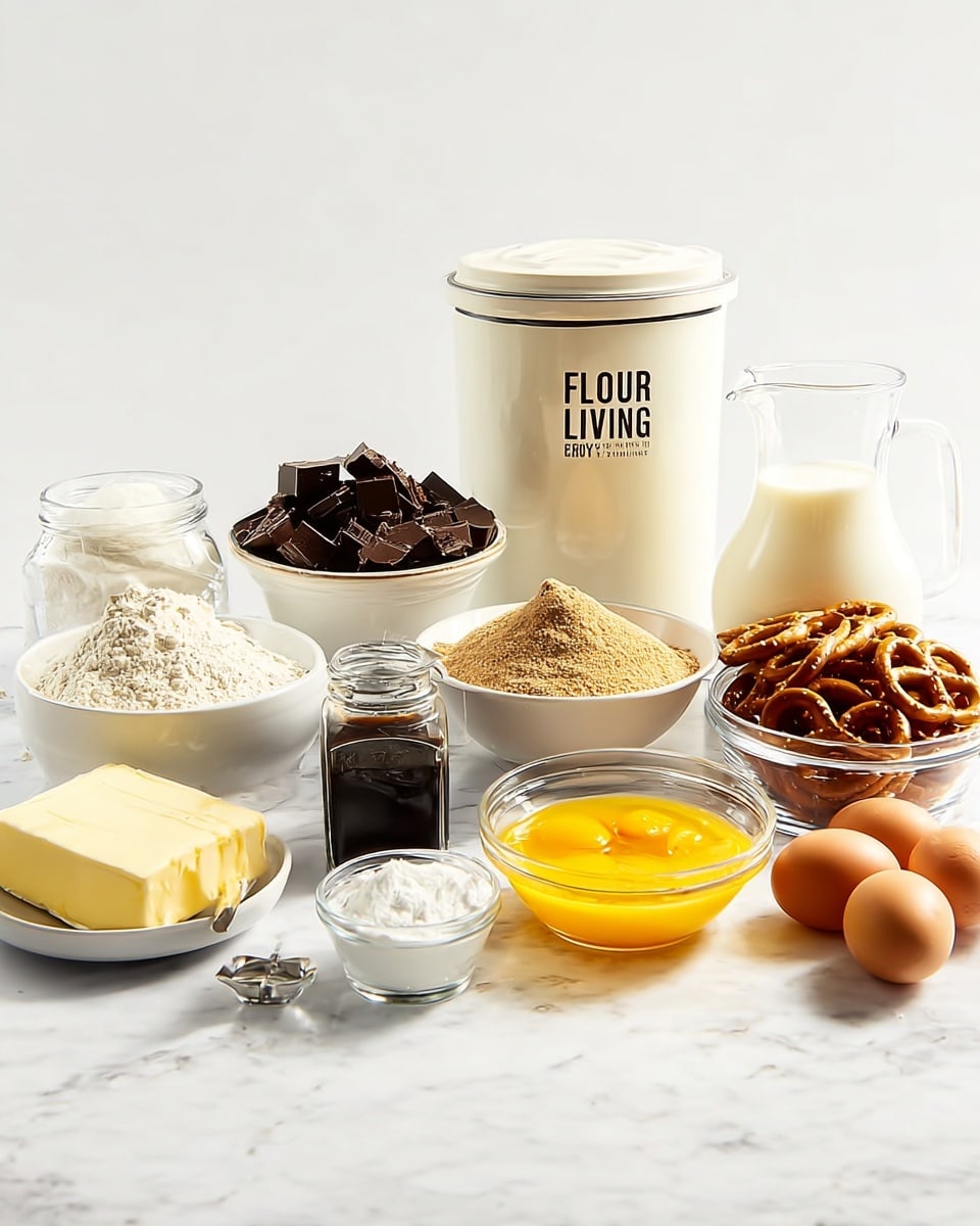 A collection of baking ingredients arranged on a white marbled surface, starting from the left with a small white salt container and a white plate holding a solid stick of pale yellow butter. Next, there is a clear glass bowl filled with dark brown chunks of chocolate. Behind it, a tall white flour container with a lid and black text saying