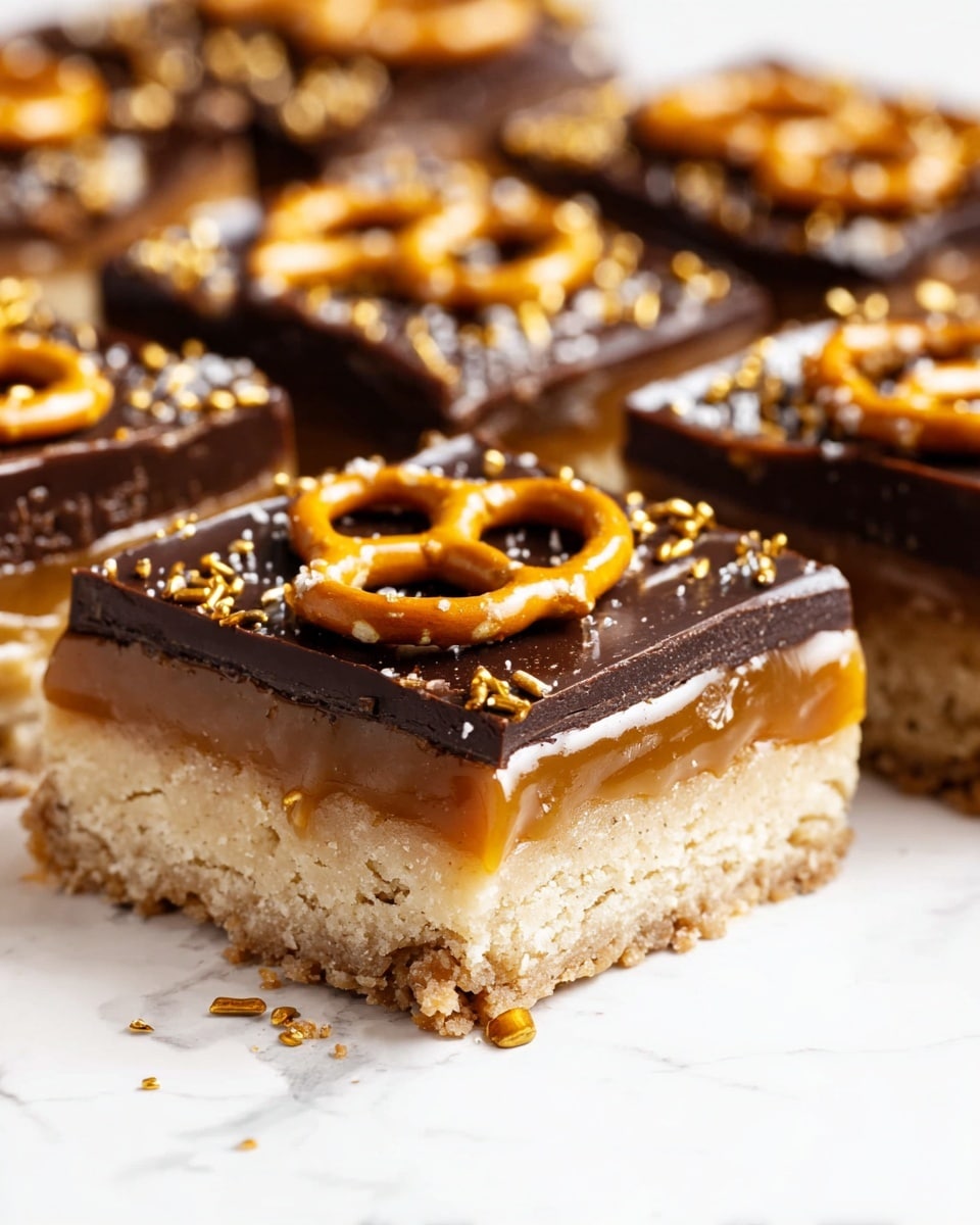 The image shows a close-up of two stacked dessert bars with three clear layers. The bottom layer is a light beige, crumbly cookie base with a slightly rough texture. The middle layer is thick and shiny caramel in a golden brown color that looks smooth and sticky. The top layer is a dark glossy chocolate coating, decorated with small crunchy pretzel pieces in a light brown shade scattered evenly across the surface. The background is a white marbled surface with more pretzels blurred in the distance. photo taken with an iphone --ar 4:5 --v 7