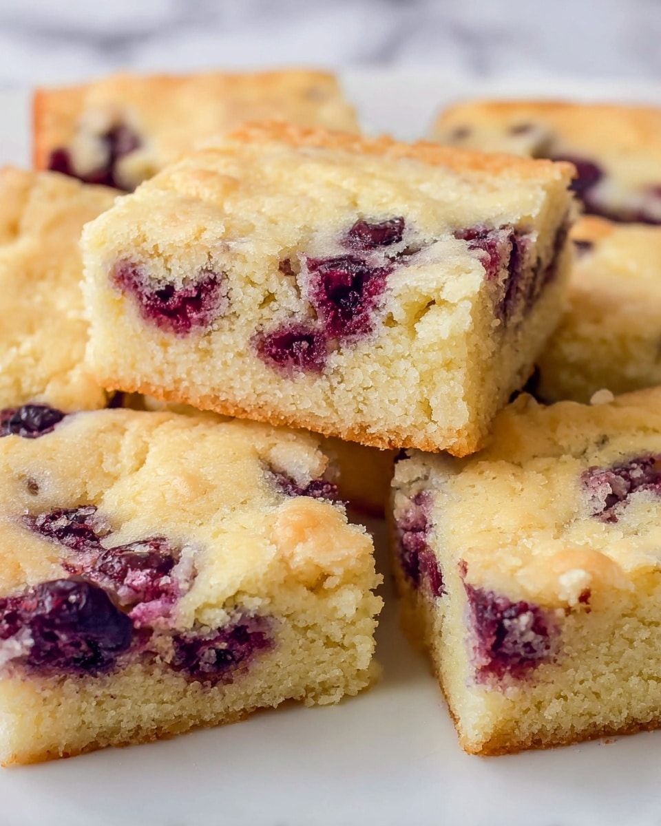 A plate filled with thick square pieces of golden blond cake that looks soft and moist, each piece showing a slightly crumbly texture on top and a smooth interior with dark purple berry spots spread unevenly inside. The cake pieces are stacked closely, with one piece raised on top of the others, highlighting its fluffy texture and the berries embedded within. The background is a white marbled surface. photo taken with an iphone --ar 4:5 --v 7