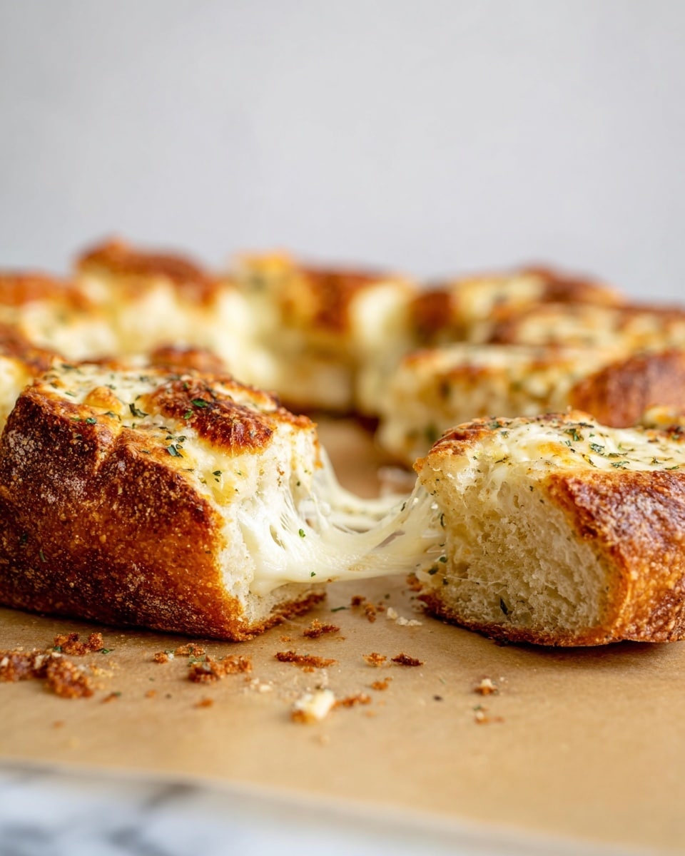 The image shows a close-up of a thick bread ring torn open to reveal melted, stretchy cheese inside. The bread's crust is golden brown with a slightly rough texture, and the inside is soft and light-colored. The cheese layer is creamy white and slightly browned on top, sprinkled with green herbs. The torn piece of bread in the foreground highlights the cheese stretching between the two parts. The bread is placed on a light brown surface with some crumbs around it and a white marbled background. photo taken with an iphone --ar 4:5 --v 7