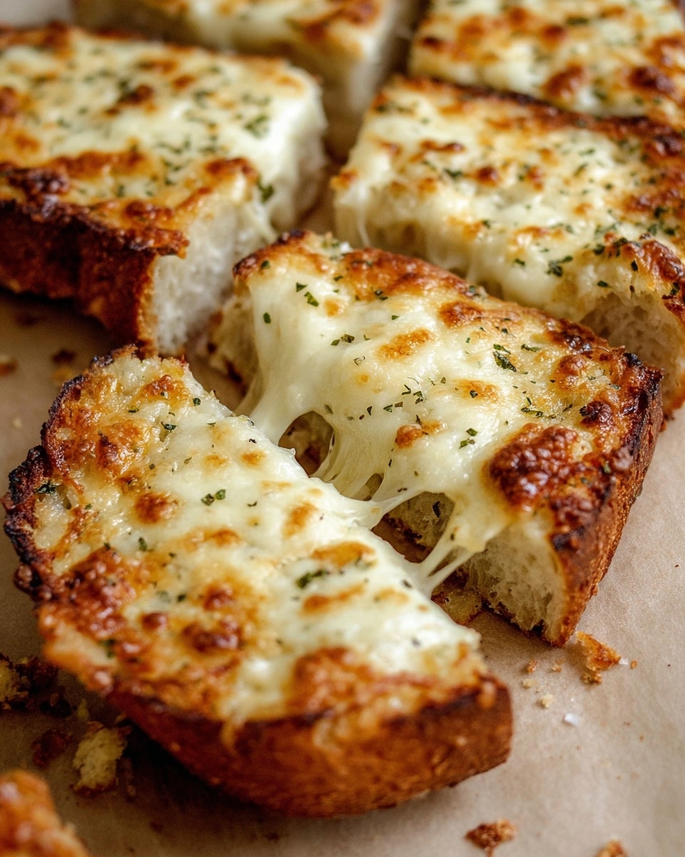The image shows several thick slices of bread topped with a golden, melted cheese layer that bubbles and stretches softly as one slice is being pulled away. The bread has a firm crust that is dark brown and crunchy, with a soft, slightly airy inside that is pale cream in color. The cheese on top is rich and creamy white with brown toasted spots and sprinkled lightly with small dried green herbs, adding texture and color contrast. The slices lie close together on a neutral light tan surface with some crumbs around. Photo taken with an iphone --ar 4:5 --v 7
