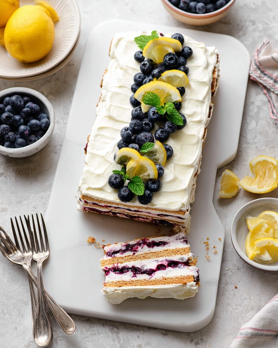 A rectangular dessert on a white cutting board features five visible layers of light brown cookies and white cream swirled with dark purple berry filling. The top layer is fully covered with thick white frosting decorated with fresh whole blueberries, small lemon wedges, and a sprig of green mint in the center. One slice is removed and placed above the main dessert, clearly showing the layered structure and textures. The scene is set on a white marbled surface with nearby bowls holding extra blueberries and lemon wedges, with two forks resting beside the board. photo taken with an iphone --ar 4:5 --v 7