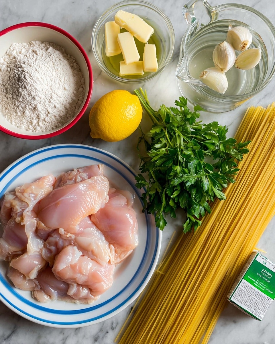 The image shows raw chicken pieces placed on a white plate with blue stripes, arranged loosely. To the top left, there is a white bowl with a red rim filled with white flour. Centered above the chicken, there are three glass containers holding a clear liquid, butter slices, and a yellow lemon beside garlic cloves. To the right side, there is a bunch of fresh green parsley. Next to the parsley, a clear measuring jug contains more clear liquid. A pack of dry spaghetti with a green label rests near the lemon and parsley, all set on a white marbled textured surface. photo taken with an iphone --ar 4:5 --v 7
