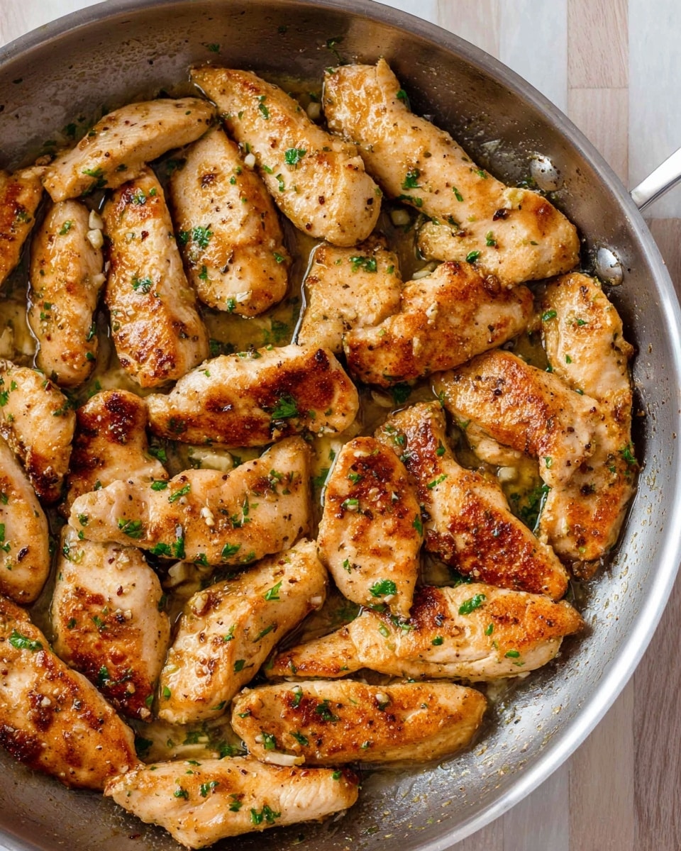 A shiny silver frying pan filled with many pieces of cooked chicken tenders, each piece golden brown with a slightly crispy texture. The chicken pieces are scattered evenly throughout the pan, with some pieces showing small green parsley bits and tiny chunks of garlic on top. The pan sits on a white marbled surface with a wooden pattern that can be partly seen in the background. The chicken pieces have a light layer of oil and seasoning, giving them a moist and savory look. photo taken with an iphone --ar 4:5 --v 7