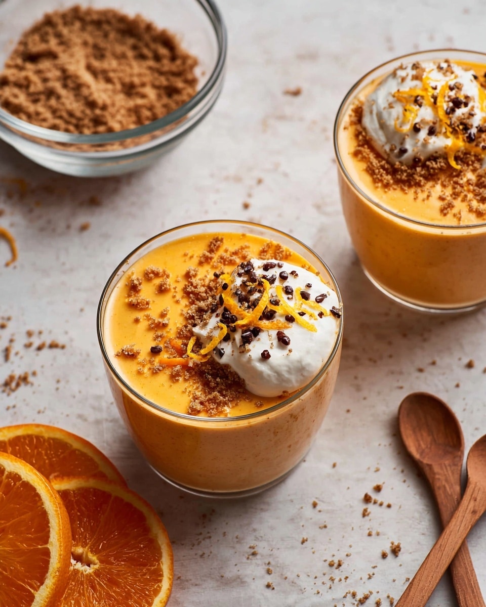 The image shows two glass cups filled with a smooth, bright orange mousse-like dessert. Each cup has a thick layer of creamy white whipped topping on one side, garnished with small dark brown seeds and orange zest shavings scattered on the surface. The cups sit on a white marbled surface that has a few crumbs and seeds scattered around. To the left, there is a clear bowl filled with crushed crumbs and a spoon inside it. In the lower left corner, some bright orange slices and two wooden spoons are placed on the white marbled background. photo taken with an iphone --ar 4:5 --v 7