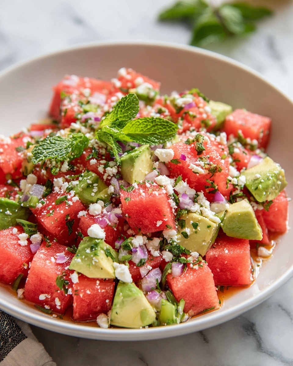 In the white bowl, there is a watermelon salad made up of several layers: bright red watermelon cubes form the main base, mixed evenly with green avocado chunks. Small pieces of chopped purple onion are spread throughout the salad. White crumbled cheese is sprinkled on top, adding a soft texture. Green mint leaves and chopped cilantro are scattered over the salad for color and freshness. The bowl sits on a white marbled surface, next to a small white bowl filled with more crumbly cheese and fresh avocado halves. A black spoon is placed inside the bowl on the right side. A white and gray striped cloth is partially visible on the right side near the bowl. Photo taken with an iphone --ar 4:5 --v 7
