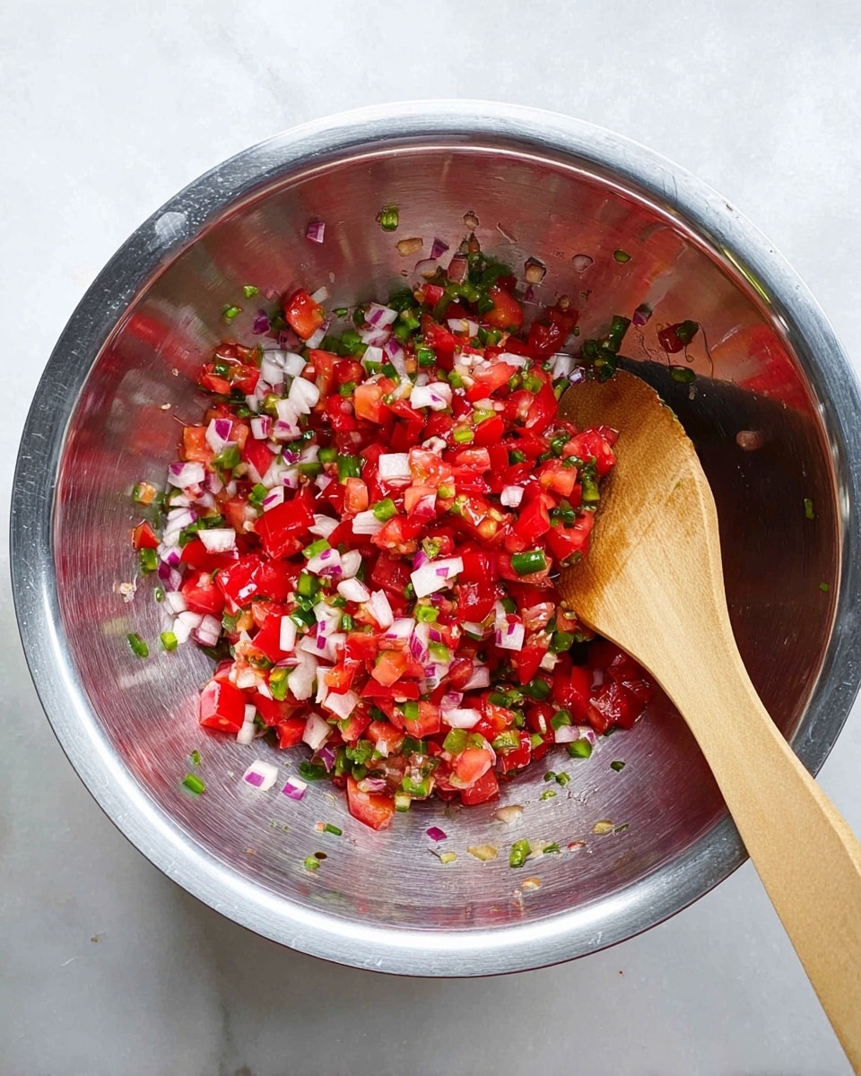A shiny silver metal bowl sits on a white marbled surface filled with a colorful mix of finely chopped ingredients. The visible layers include small bright red tomato pieces, tiny white onion cubes, and thin green slices of chili or herbs, all combined evenly. The inside of the bowl has small bits of green scattered around the sides. A smooth, light brown wooden spoon is partially inside the bowl stirring the mix. Photo taken with an iphone --ar 4:5 --v 7