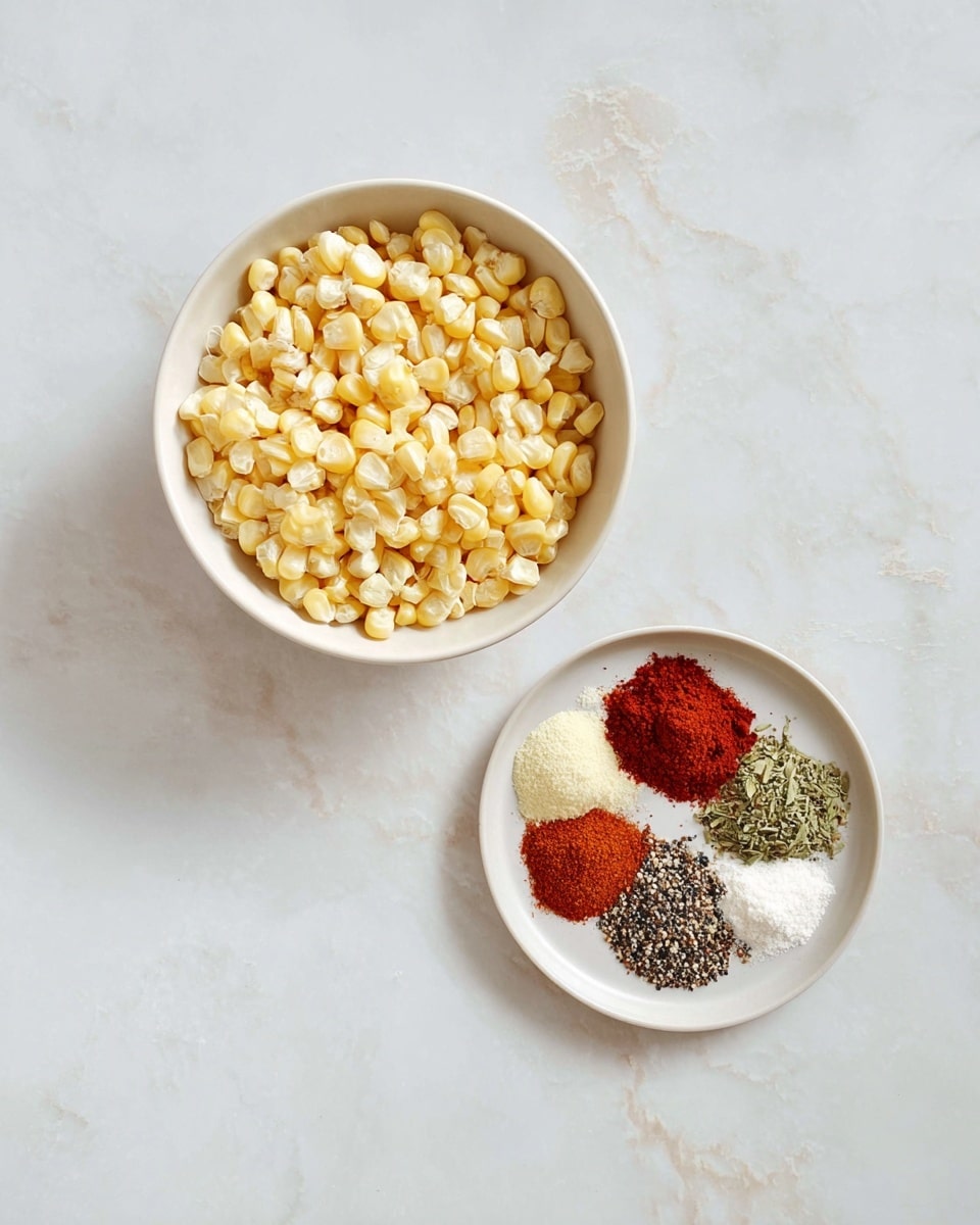 The image shows two white dishes placed on a white marbled surface. The dish on the left is a round white bowl filled with pale yellow corn kernels that have a soft, slightly glossy texture. To the right, there is a smaller round white plate holding six small piles of different spices arranged in a circle. Each spice has a distinct color and texture: a large bright red powder, a smaller reddish-brown powder, a light green dried herb, a medium green dried herb, a fine off-white powder, and a mix of black and white grains. The neat arrangement and contrast of colors make the image visually clear and simple. photo taken with an iphone --ar 4:5 --v 7