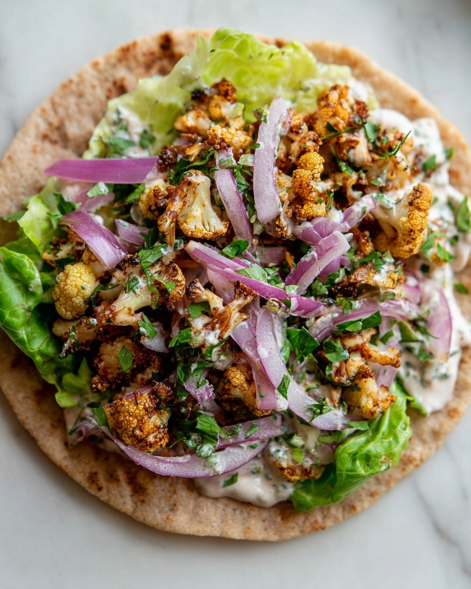 A close-up of a flat piece of light brown flatbread as the base layer, spread with a creamy white sauce flecked with herbs. On top, a layer of crisp green lettuce leaves is placed, followed by a generous amount of golden-brown roasted cauliflower florets scattered unevenly. The top layer has thin, translucent slices of purple onion mixed with chopped green herbs, adding a fresh look with hint of red and green. The whole dish rests on a white marbled surface. photo taken with an iphone --ar 4:5 --v 7