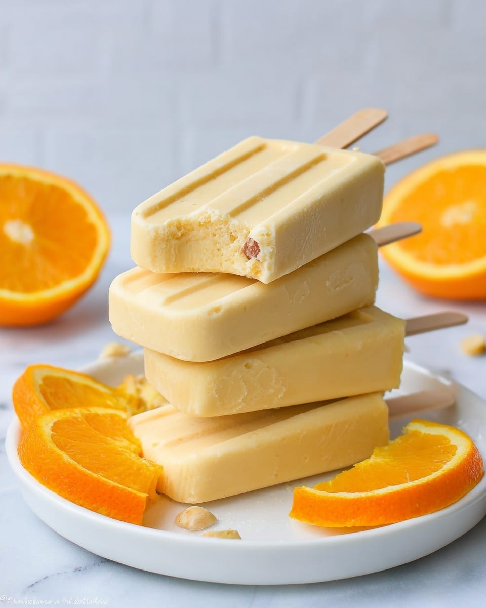 Orange Creamsicle Popsicles Recipe 5 A stack of four pale yellow orange popsicles with smooth texture and slight ridges on top is centered on a white plate. The popsicle on the top has a small bite taken out, showing the creamy inside with a small nut visible. The popsicles have wooden sticks and are neatly piled, two sticks pointing left and two right. Around the popsicles, there are three fresh orange slices with bright orange color and textured peel. The background is a soft white marbled surface, giving a clean and fresh look. Photo taken with an iphone --ar 4:5 --v 7