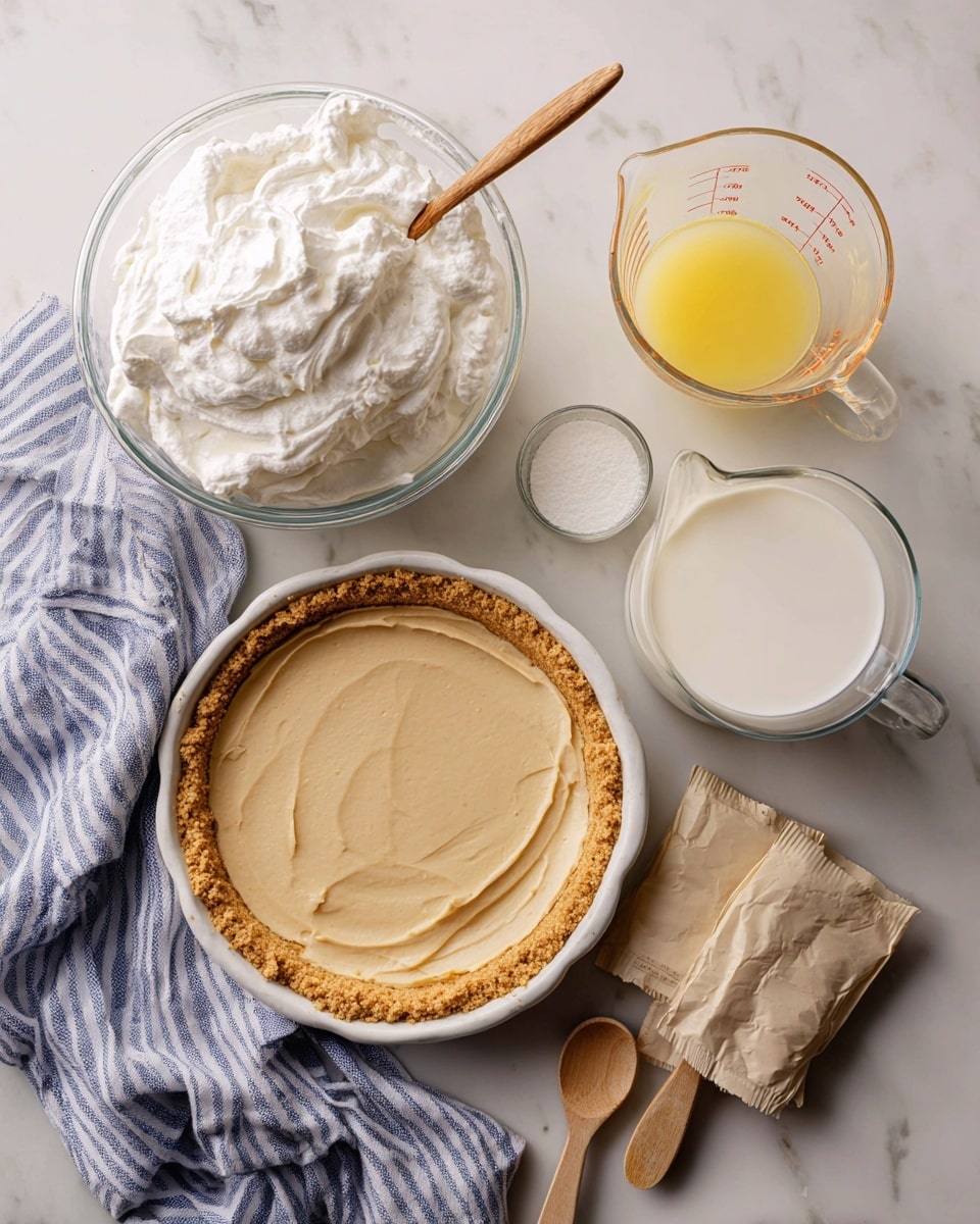 The image shows ingredients for a pie arranged on a white marbled surface. There is a pie crust in a white foil pan with a light brown color and smooth texture in the bottom left. Above the pie crust is a clear glass bowl filled with fluffy, white whipped cream. To the right of the whipped cream is a measuring cup with a pale yellow liquid. Below that, near the center, is a clear measuring cup filled with white milk. Next to the milk and yellow liquid, there are two beige packets, likely sugar or other dry ingredients. At the bottom, there is a blue and white striped cloth with a metal measuring spoon resting on it. The overall scene is clean and bright, with natural lighting. photo taken with an iphone --ar 4:5 --v 7