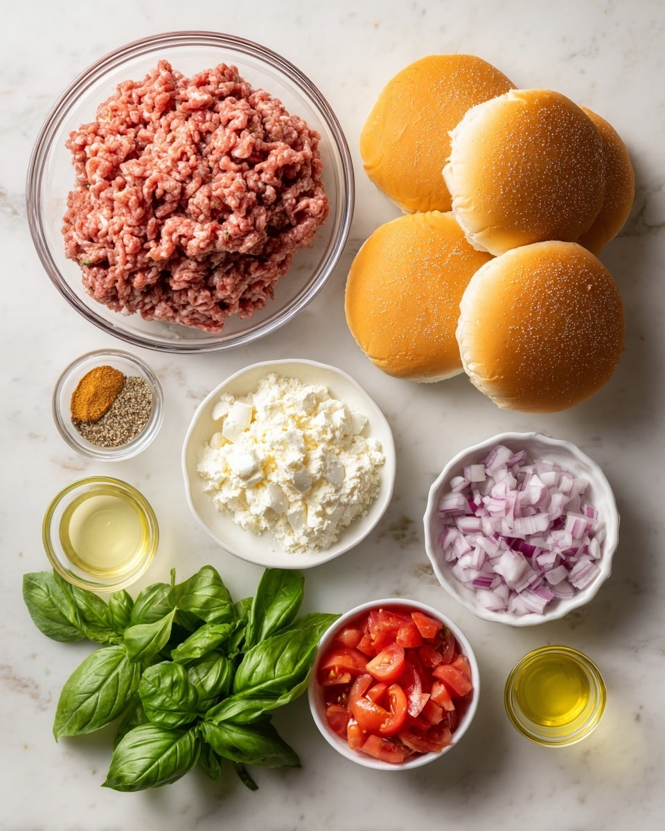 The image shows ingredients arranged on a white marbled surface for making burgers. There are four golden-brown burger buns with a slightly cracked top texture placed on the right side, next to a bunch of fresh green basil leaves. On the top left, a clear glass bowl holds a mound of raw ground meat with a pinkish-red color. Below that, a white bowl contains a smooth, white sauce or spread. There is a small white bowl with minced garlic and another small white bowl with mixed spices, including black pepper, salt, and dried herbs. To the bottom left, a white bowl is filled with bright red diced tomatoes. At the bottom right, a small clear glass holds a light yellow liquid, likely olive oil, and beside it is a white bowl with a dark brown liquid, possibly balsamic vinegar. The image is bright with soft even lighting. photo taken with an iphone --ar 4:5 --v 7