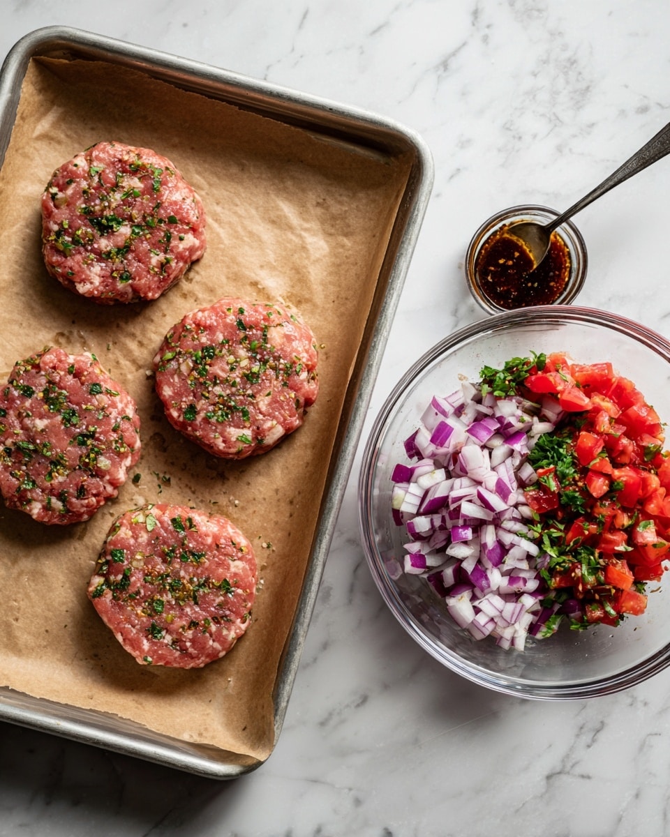 The image shows four raw burger patties on a metal tray lined with brown parchment paper, each patty is round and flat with specks of seasoning visible on top, giving them a slightly textured look. Next to the tray is a clear glass bowl filled with chopped red tomatoes, finely diced red onions, minced garlic, and fresh chopped green herbs, all sitting separately in sections within the bowl with a metal spoon that has a wooden handle resting inside. The background and surface are white marbled, highlighting the fresh and raw ingredients clearly. Photo taken with an iphone --ar 4:5 --v 7