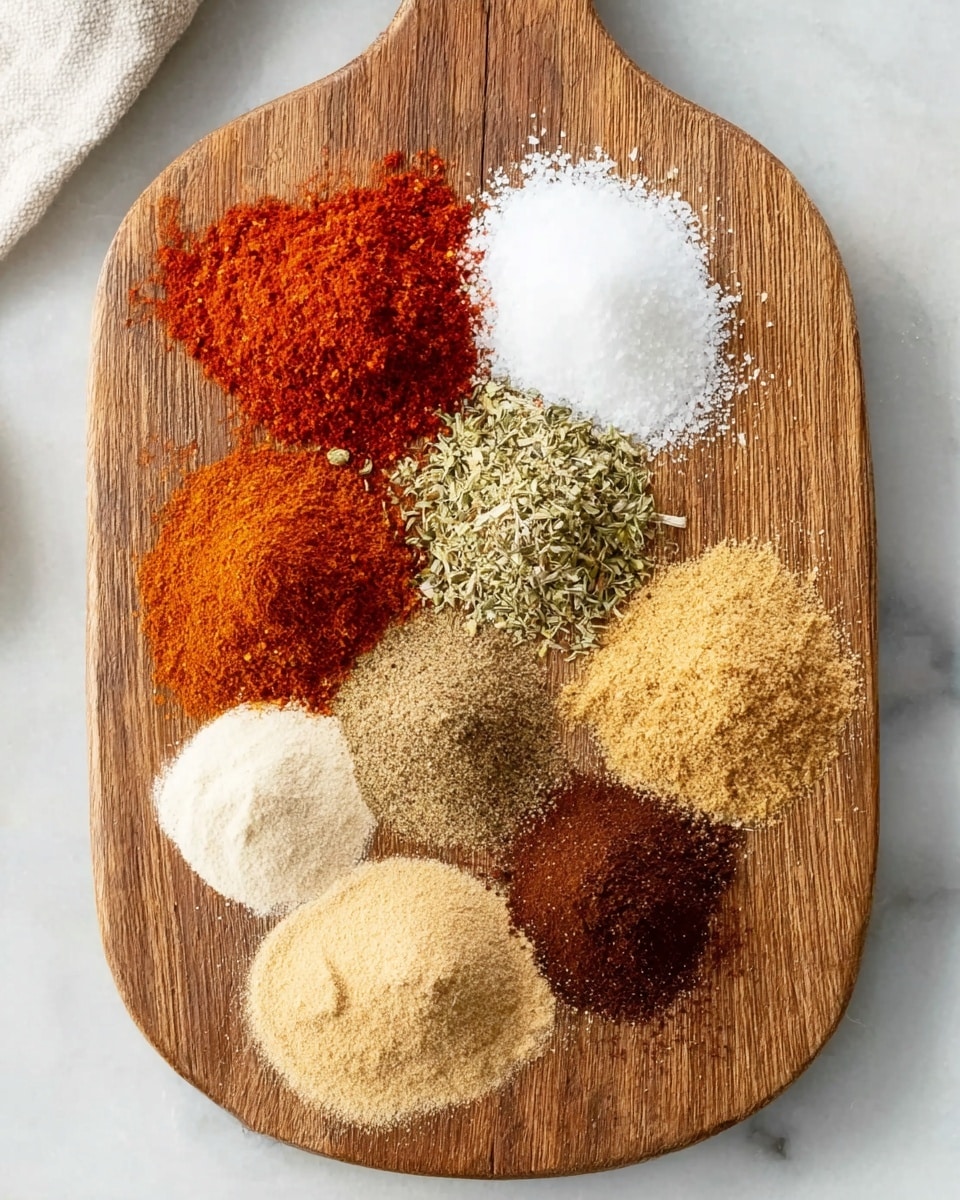 The image shows a wooden cutting board placed on a white marbled surface, with eight small piles of different spices arranged in a circle. Each pile has a distinct color and texture: the top pile is bright red, next to it is a white coarse salt pile, followed by a deeper orange-red powder, a fine beige powder, a greenish shredded herb mix, a pale yellow powder, a dark brown powder in the center, and a light brown powder. The spices are neatly shaped into small mounds around the board, showing a nice contrast of colors and textures. Photo taken with an iphone --ar 4:5 --v 7