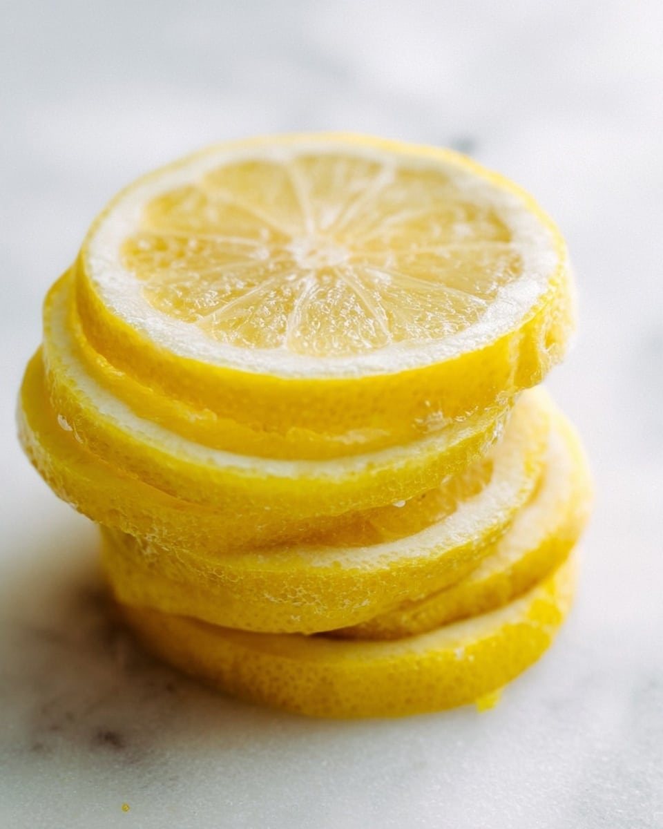 A close-up image shows a stack of five lemon slices placed on a white marbled surface. Each slice is a bright yellow with a bumpy textured rind and juicy, translucent pulp visible inside. The slices are neatly layered on top of each other, with the top slice showing clear segments radiating from the center. The photo has soft natural lighting highlighting the freshness and moist texture of the lemon, and the shallow depth of field softly blurs the background. Photo taken with an iphone --ar 4:5 --v 7