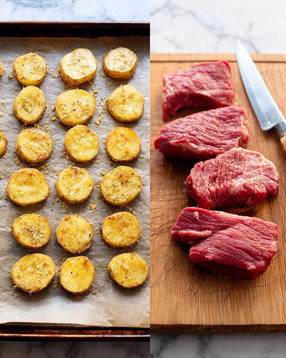 The image shows two side-by-side photos. On the left, there is a tray covered with parchment paper filled with three rows of round, golden-brown roasted potato slices, each piece having a slightly crispy texture on top and smooth edges. On the right, a wooden cutting board holds four raw, thick, red beef slices arranged overlapping each other, with a silver knife with a wooden handle resting at the board's edge. The background is a white marbled surface. photo taken with an iphone --ar 4:5 --v 7