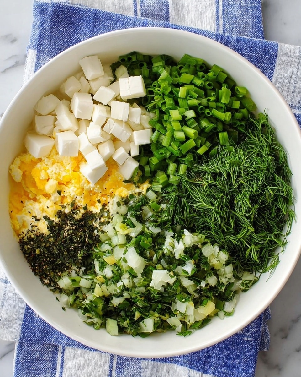 A white bowl filled with several fresh ingredients, all clearly separated in sections. On the top left, small white cubes of cheese cover part of the bowl, while next to it, bright green chopped scallions fill the upper middle area. To the right of the scallions, finely chopped dark green dill is placed in a dense pile. Below the scallions and dill is coarse black pepper and small pieces of cooked onions mixed with chopped green herbs, giving a textured dark green and slightly glossy section on the bottom right. On the bottom left side of the bowl, there is a layer of yellow beaten egg mixed with some green leafy herbs. The bowl is set on a blue and white striped cloth, with a white marbled surface beneath. photo taken with an iphone --ar 4:5 --v 7