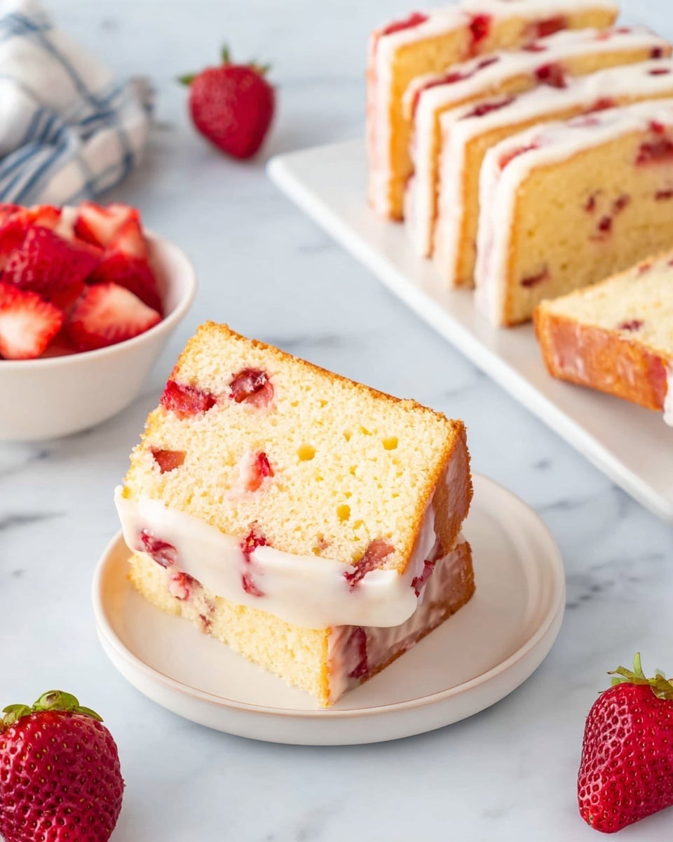 Two slices of light yellow cake with red strawberry pieces are stacked on a small white plate. The cake layers have a soft texture with visible small holes, and each slice is topped with a thin layer of white icing. To the right, a white rectangular plate holds more slices of the same strawberry cake arranged in a neat stack. On the left side, a small white bowl contains fresh, bright red strawberry slices. The background and surface are white marbled, and some whole strawberries are scattered around. Photo taken with an iphone --ar 4:5 --v 7