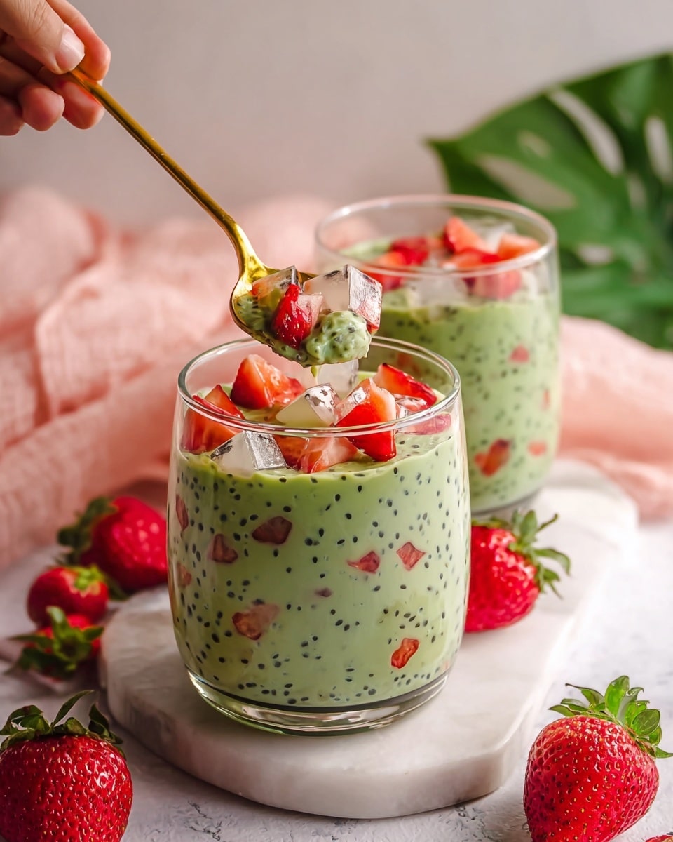 Two clear glass cups filled with a green creamy mixture containing small black seeds and dozens of small red heart-shaped pieces throughout. There are also visible chunks of white jelly-like cubes and small red strawberry pieces mixed inside. One cup is in front while the other is behind slightly to the left. A golden spoon held by a woman's hand is lifting some of the mixture with strawberry and white cubes from the front cup. The cups rest on a white marbled surface with fresh whole strawberries scattered around. A soft pink cloth and a green leafy plant are blurred in the light background. Photo taken with an iphone --ar 4:5 --v 7