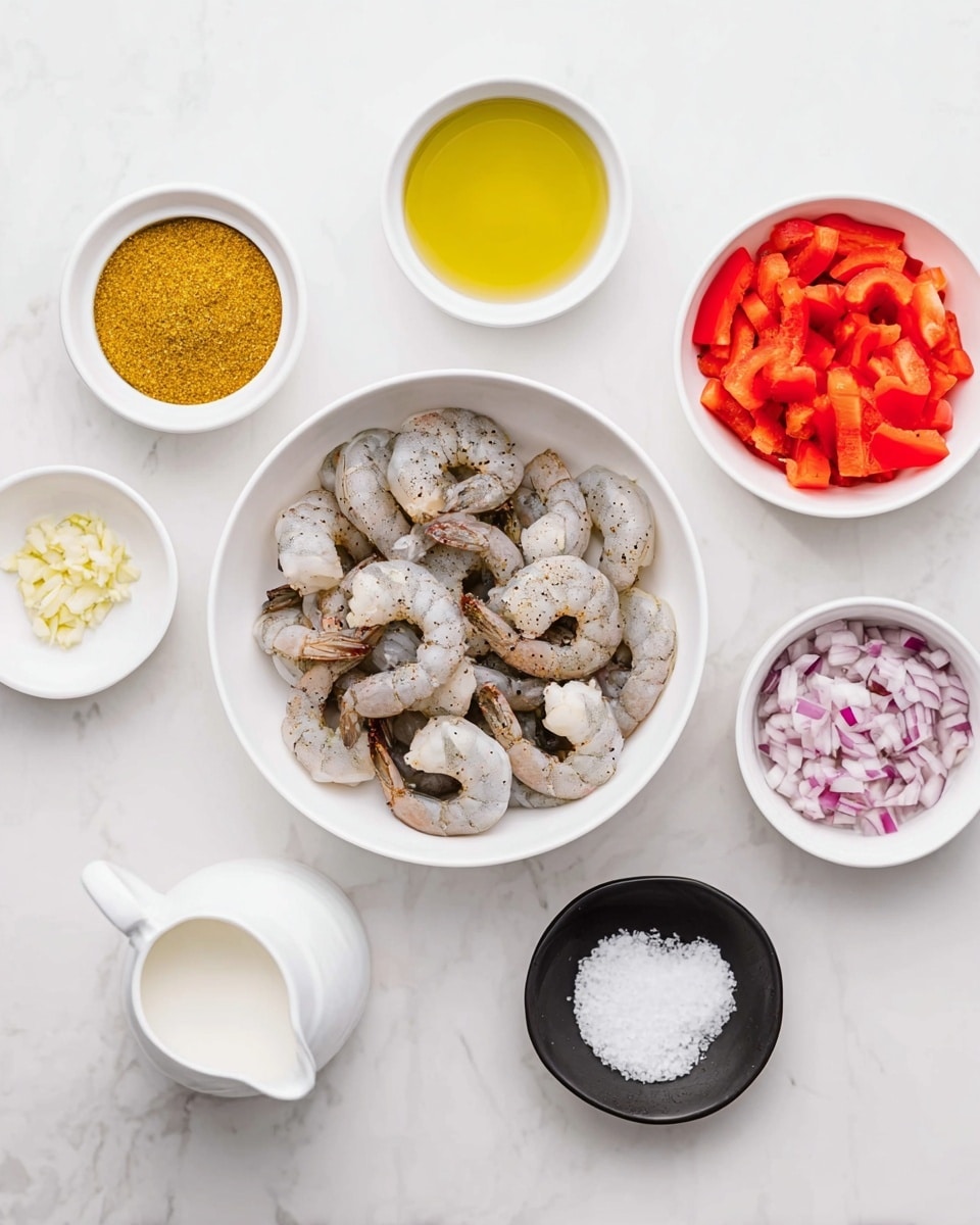 The image shows seven white bowls arranged on a white marbled surface. The center bowl holds raw shrimp with shells and tails, seasoned with black pepper, showing a pale pink and gray color. To the left top, a small bowl contains a yellow curry powder with a fine texture. Below it, another small bowl has finely minced garlic that is light yellow. Next to that, a small bowl is filled with olive oil, showing a clear green color. In the bottom left corner, a small white pitcher is filled with coconut milk, which is smooth and white. On the right top, a white bowl is filled with chopped red bell peppers, showing bright red pieces. Below this, another white bowl holds finely chopped shallots, light purple and white in color. At the bottom right, there is a small black bowl with white salt grains. The setting is clean and minimalistic with good lighting, photo taken with an iphone --ar 4:5 --v 7