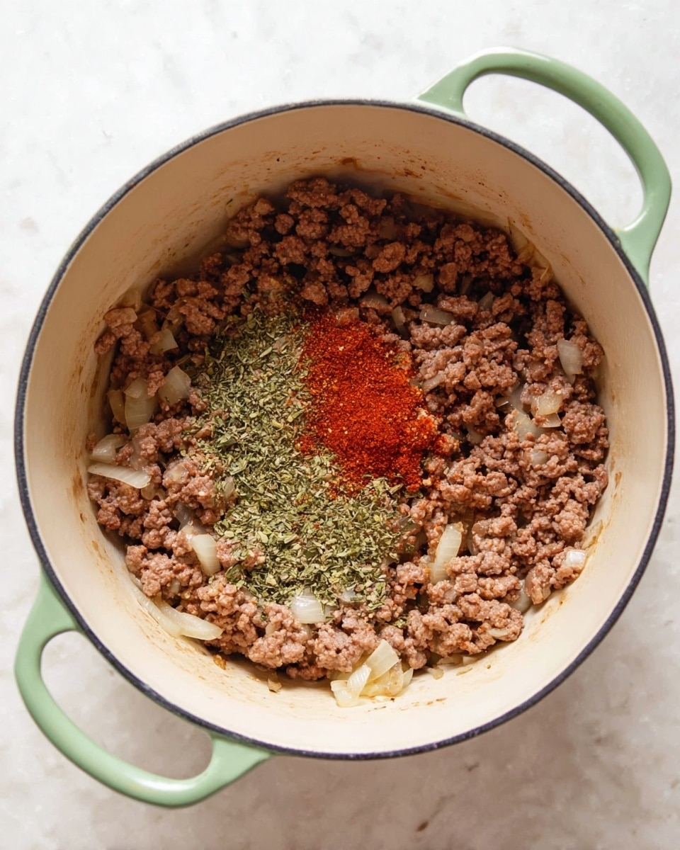 A large white pot with two handles holds browned ground meat mixed with soft cooked onions. In the center, a small pile of red spice powder and a light green herb mix rest on top of the meat, giving a contrast of colors. The inside of the pot is light cream, while the outside is a soft green. The pot sits on a white marbled surface. photo taken with an iphone --ar 4:5 --v 7