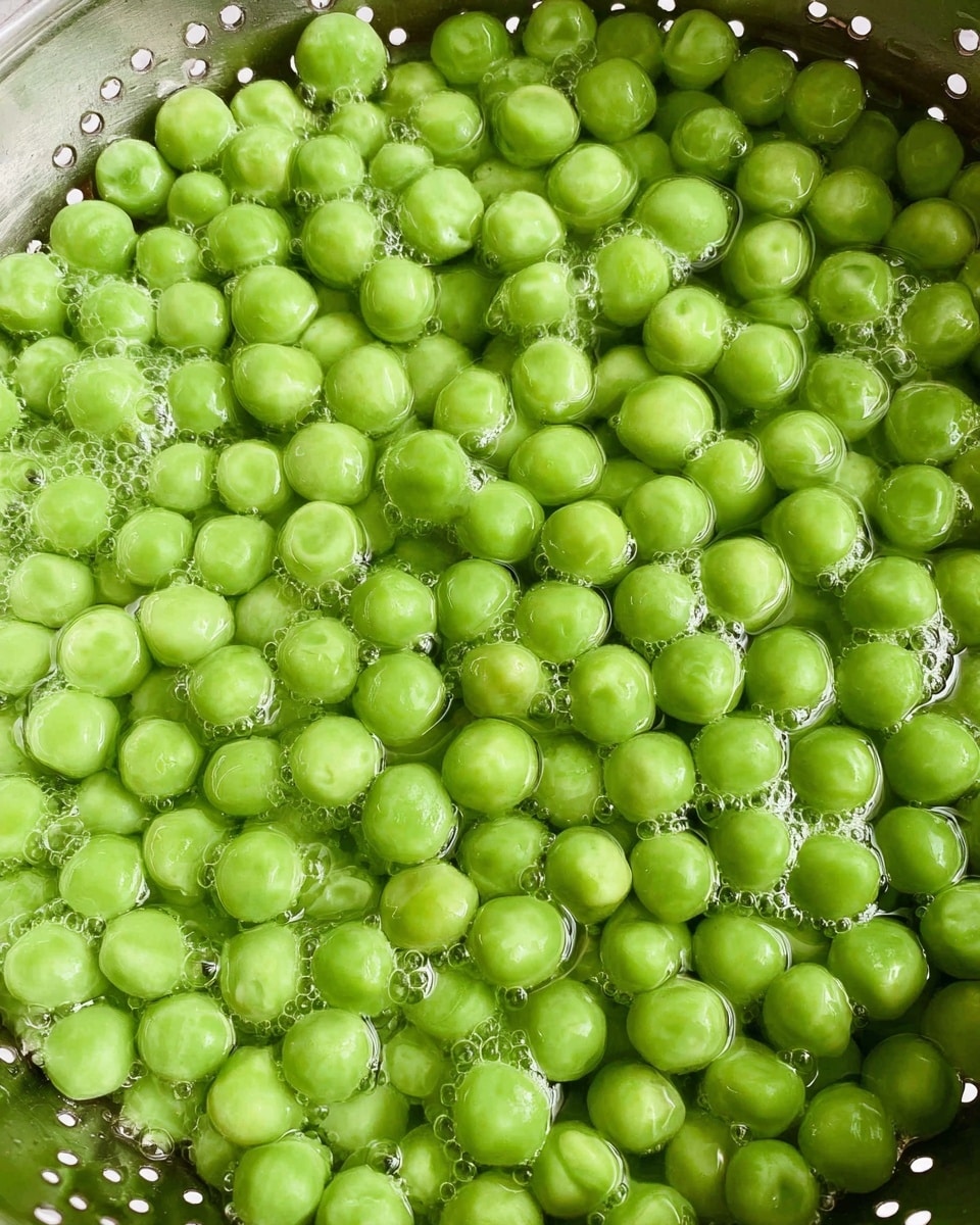 A close-up image shows a large metal colander filled with bright green peas being boiled in water, small bubbles rising around the peas. The peas are round and smooth, covering the entire colander with their fresh, shiny look. The colander has many evenly spaced holes and a metallic silver color. The background is replaced with a white marbled texture. photo taken with an iphone --ar 4:5 --v 7