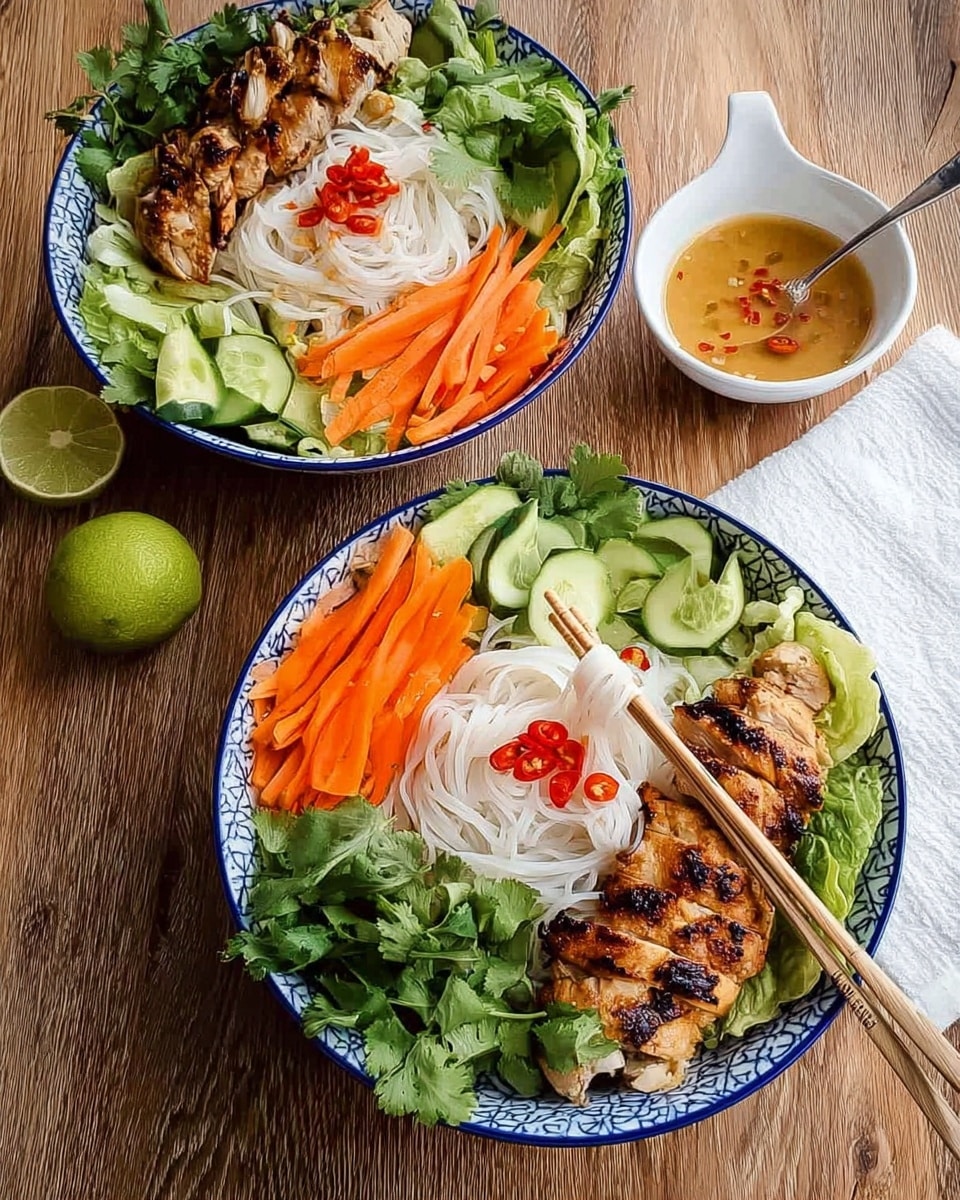 Two white bowls with blue rims are filled with layers of food placed on a wooden table with a halved lime and a white napkin beside. Each bowl has a base layer of white thin rice noodles. On top, there is grilled chicken with a slightly charred texture and garnished with small red chili pieces in the center. Surrounding the chicken are sections of sliced orange carrots, thin cucumber sticks, fresh green lettuce, and bright green cilantro leaves arranged neatly around the noodles. One bowl has a pair of wooden chopsticks lifting a bundle of rice noodles. Nearby, a small white sauce cup holds a light brown sauce with red chili pieces and a spoon inside. The texture of the food is fresh and colorful with crisp vegetables and tender grilled meat. Photo taken with an iphone --ar 4:5 --v 7