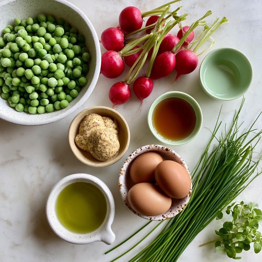 The image shows a top view of fresh ingredients arranged on a white marbled surface. On the left side, a white speckled bowl is full of small round frozen sweet peas, bright green in color. Next to it, several bright red radishes with long green stems lie horizontally. Below the peas bowl, there is a small beige bowl with two types of creamy mustard, one pale yellow and the other with darker specks. To the right of that bowl, a light green small bowl holds maple syrup with a smooth shiny surface. Below the mustard bowl, a white bowl with brown speckles contains three brown hard boiled eggs. Next to the eggs, a small white jug with olive oil shows a greenish-yellow liquid inside. Long green chives with thin stalks are laid out parallel near the lower right corner, and a small bunch of fresh green herbs with round leaves is placed nearby. photo taken with an iphone --ar 4:5 --v 7