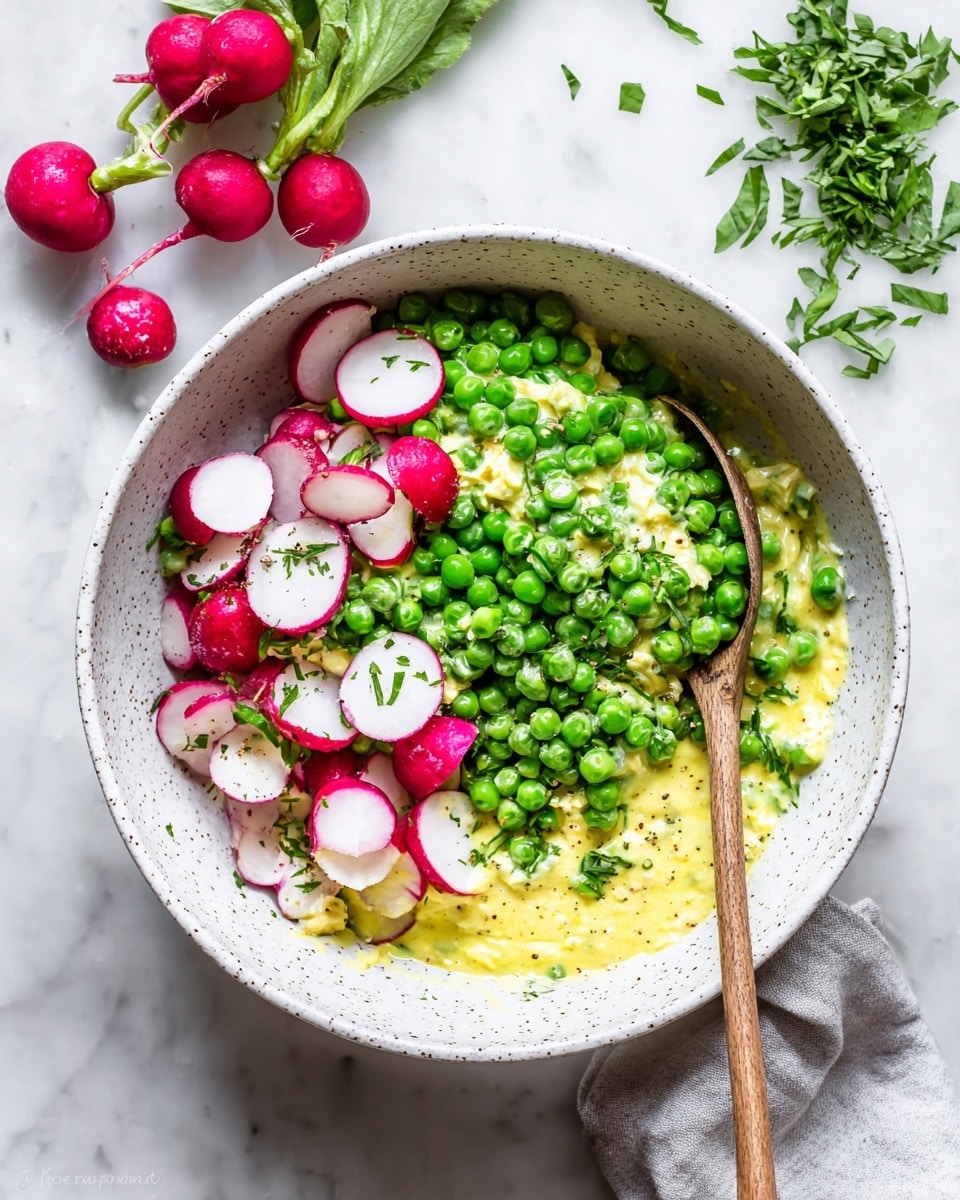 A white speckled bowl sits on a white marbled surface filled with a three-layer salad. The bottom layer is a yellow sauce with a smooth texture spread evenly. On top of the sauce, a layer of bright green peas fills most of the bowl, with some finely chopped pieces mixed in. The top layer consists of thin, round slices of radish with white centers and vibrant red edges, placed mostly on one side. A wooden spoon rests inside the bowl, partly covered by the salad. Fresh radishes with green leaves and some chopped green herbs are scattered around the bowl. photo taken with an iphone --ar 4:5 --v 7