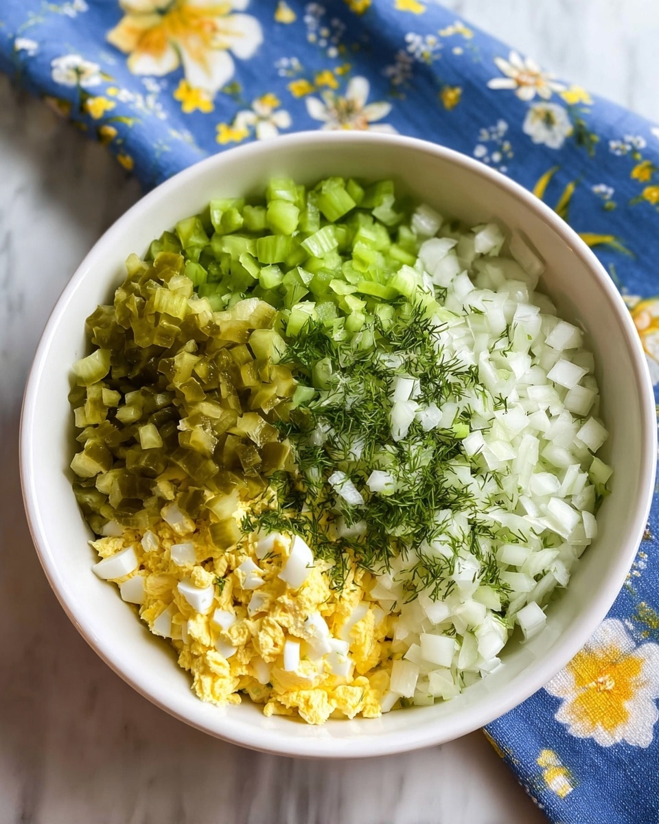 A white bowl contains four chopped ingredients placed in neat sections like a colorful quilt. At the top is a fresh green layer of chopped celery, next to it on the right is chopped green pickles with a soft texture. Below the pickles is a section of finely chopped white onions, and to the right below the celery is a layer of chopped yellow hard-boiled eggs sprinkled with small bits of fresh green dill. The bowl rests on a white marbled surface, with a blue cloth featuring yellow and white flowers partly visible in the background. Photo taken with an iphone --ar 4:5 --v 7