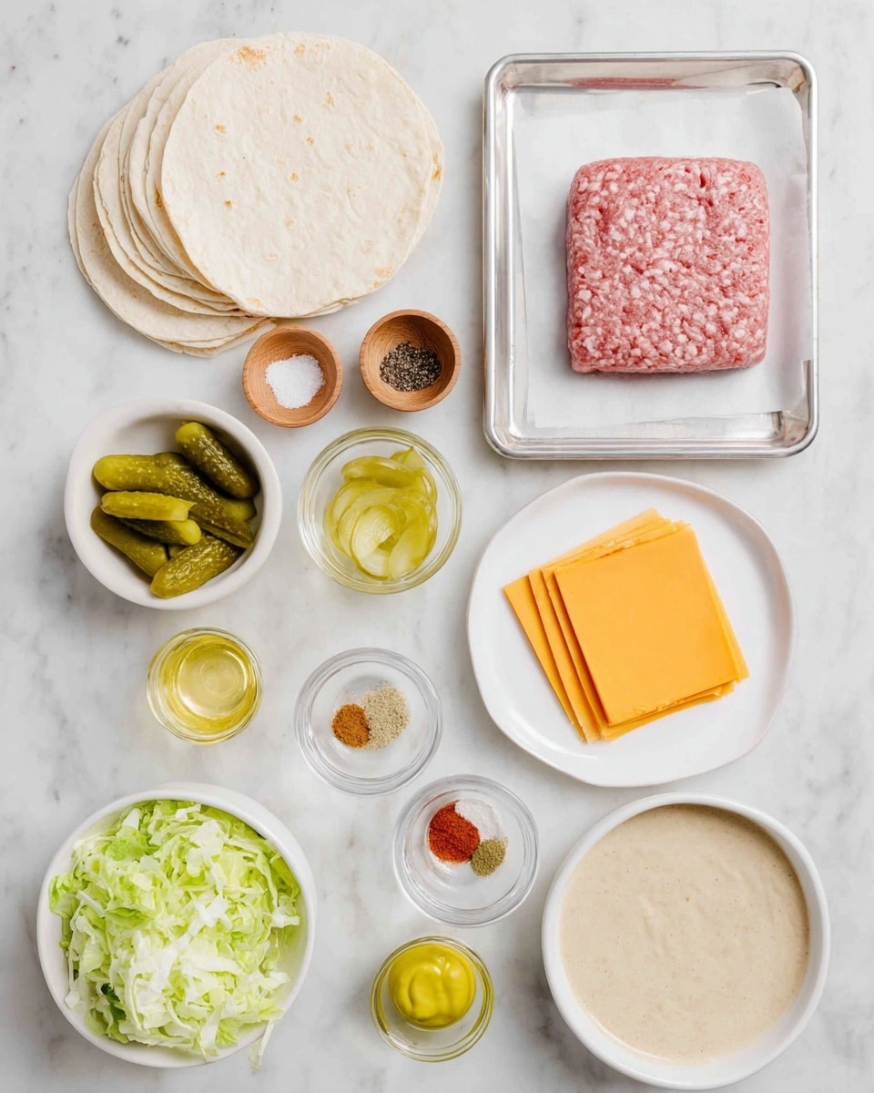 The image shows raw ingredients neatly arranged on a white marbled surface in white and wooden bowls and plates. On the top left, there are five soft white tortillas stacked, next to small wooden bowls of salt and black pepper. To the right, there is a silver tray holding a square block of pink raw ground meat on parchment paper. Below, a white bowl contains green pickle slices, and next to it is a white plate with five stacked orange slices of cheese. In the center, a small white plate holds five small piles of spices in light yellow, beige, white, and red colors. Surrounding these are small glass bowls with yellow mustard, clear oil, and green relish. At the bottom, two white bowls hold shredded green lettuce and chopped white onions, and next to them is a white bowl with a thick light beige sauce. The clean and orderly layout makes each item clear and easy to see, photo taken with an iphone --ar 4:5 --v 7